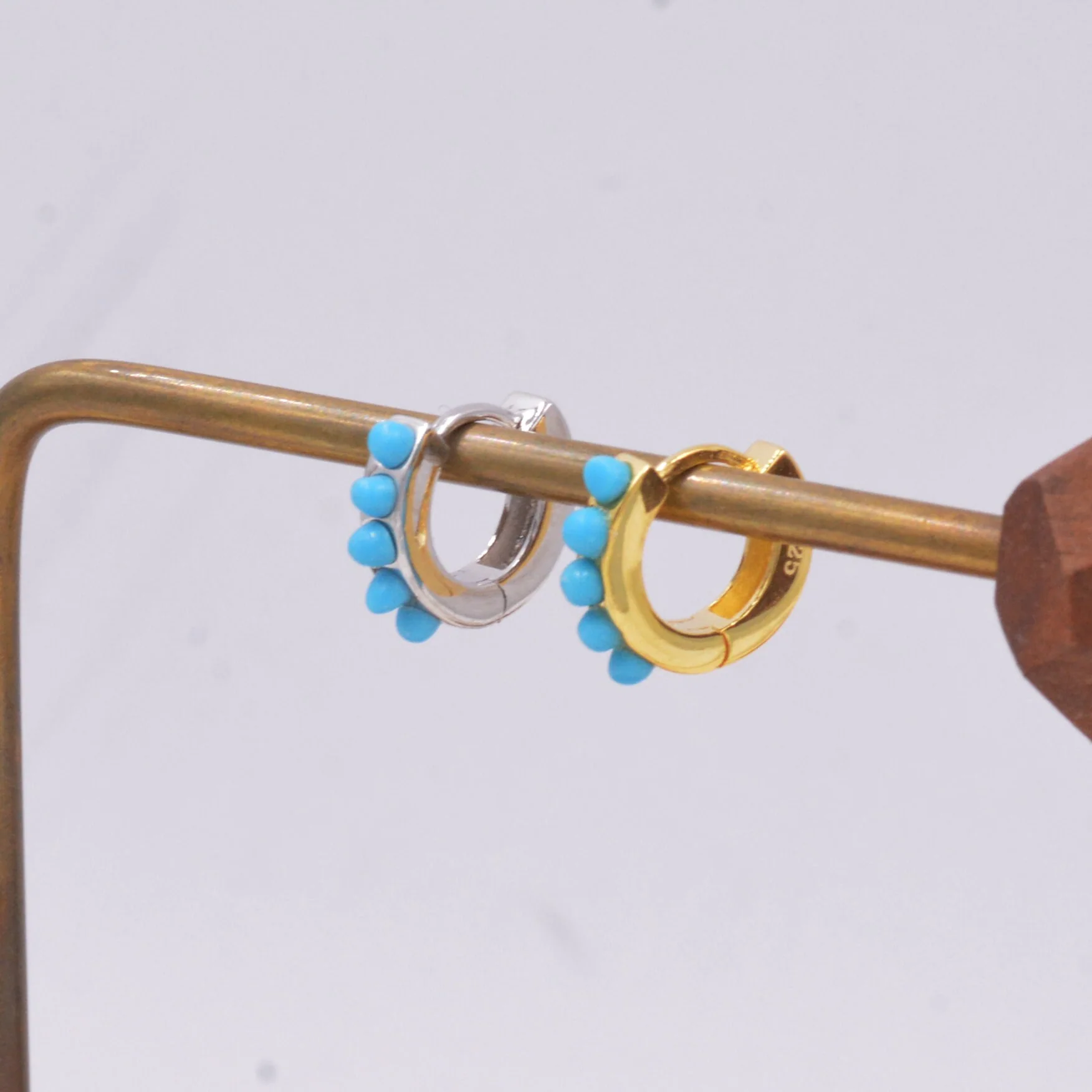 Sterling Silver Turquoise Stones Huggie Hoop Earrings, Gold Hoop, Minimalist Geometric Hoop Earrings - Image 9