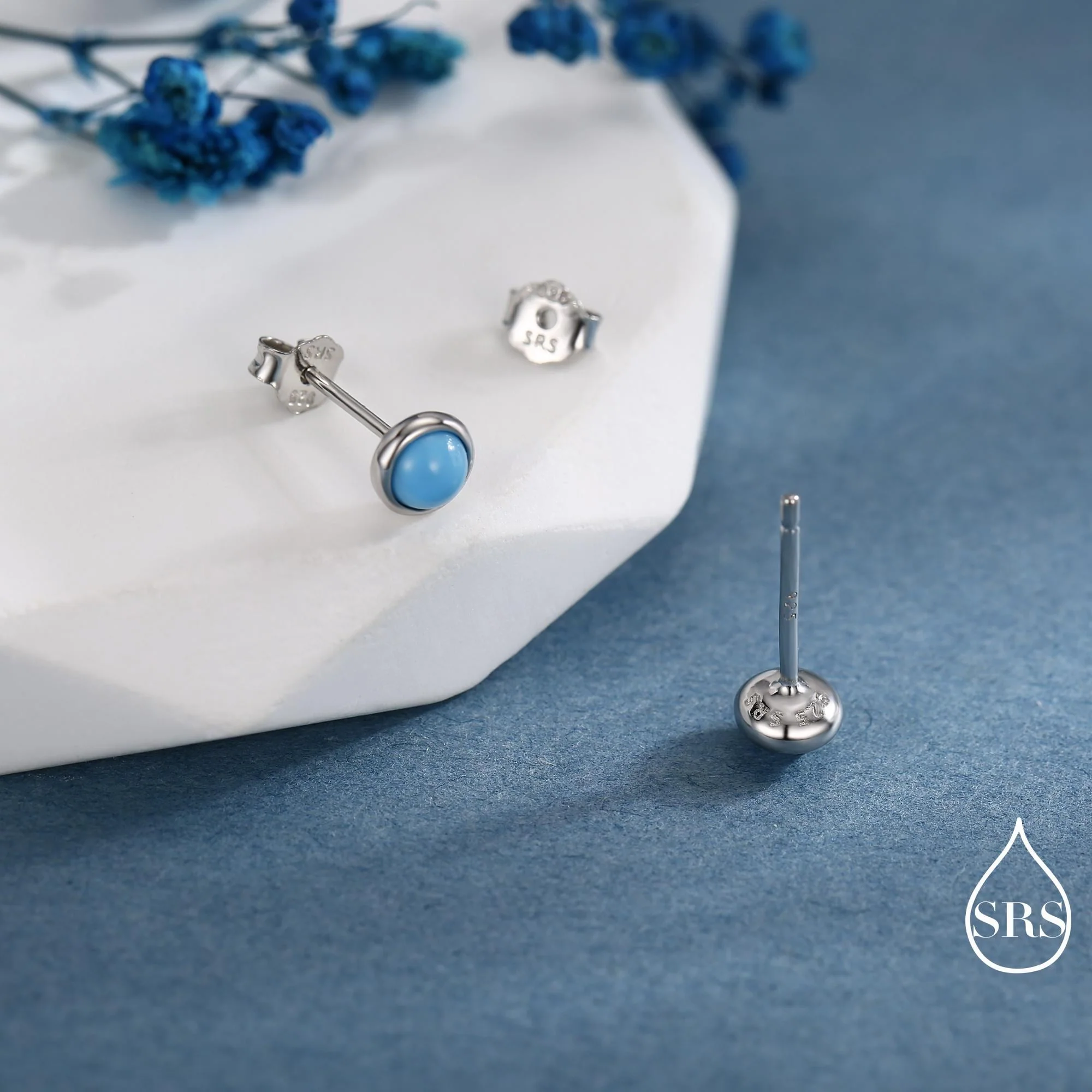 Sterling Silver Turquoise Stud Earrings, 3 or 4mm, Blue or Green Turquoise Gemstone, Bezel, Minimalist December Birthstone - Image 4