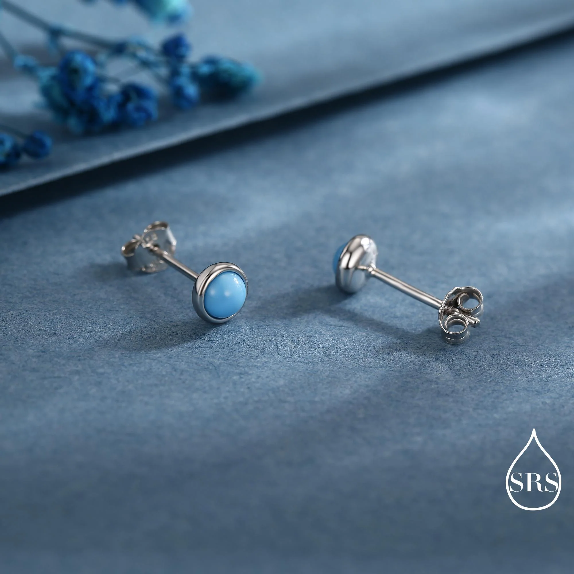 Sterling Silver Turquoise Stud Earrings, 3 or 4mm, Blue or Green Turquoise Gemstone, Bezel, Minimalist December Birthstone - Image 5