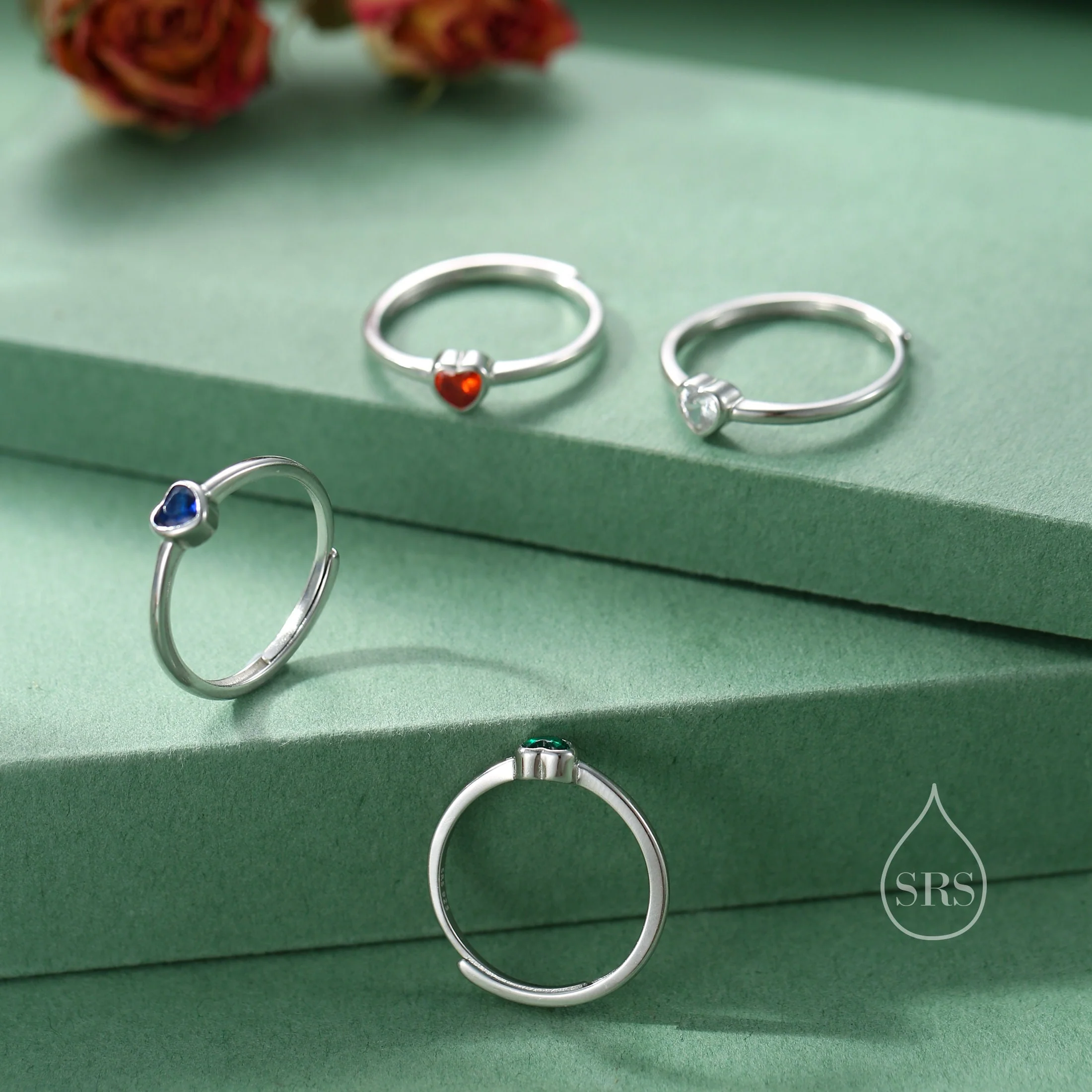 Sterling Silver Very Tiny Emerald Green CZ Heart Ring, Adjustable Size,  Green Heart Ring, Tiny Heart Ring, Tiny Green CZ Heart Ring - Image 8