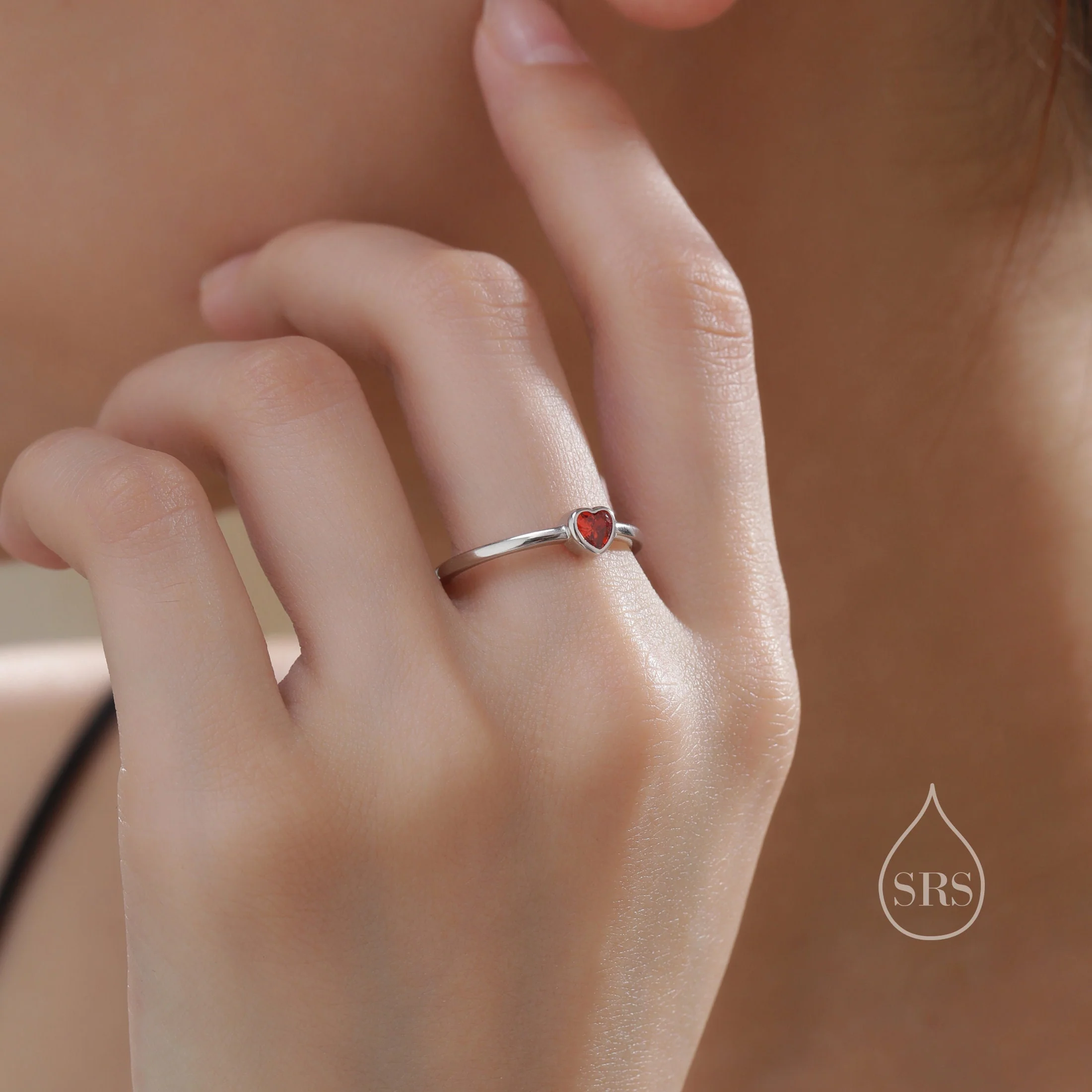 Sterling Silver Very Tiny Garnet Red CZ Heart Ring, Adjustable Size, Red Heart Ring, Tiny Heart Ring, Tiny Red CZ Heart Ring - Image 7