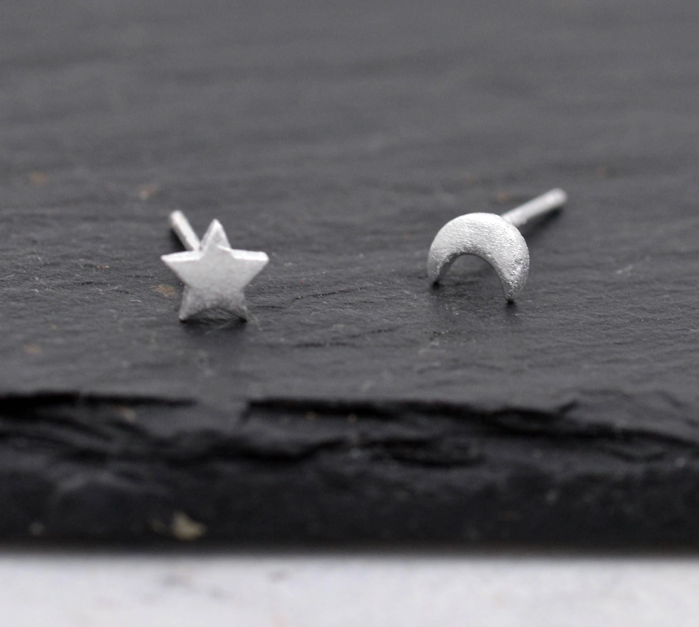 Sterling Silver Very Tiny Pair of Mismatched Asymmetric Moon and Star Stud Earrings, Cute and Quirky Jewellery, Textured Finish - Image 3