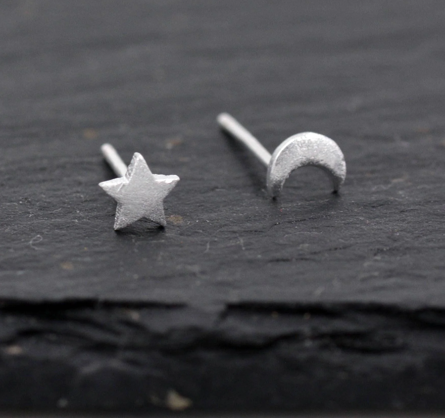 Sterling Silver Very Tiny Pair of Mismatched Asymmetric Moon and Star Stud Earrings, Cute and Quirky Jewellery, Textured Finish - Image 4