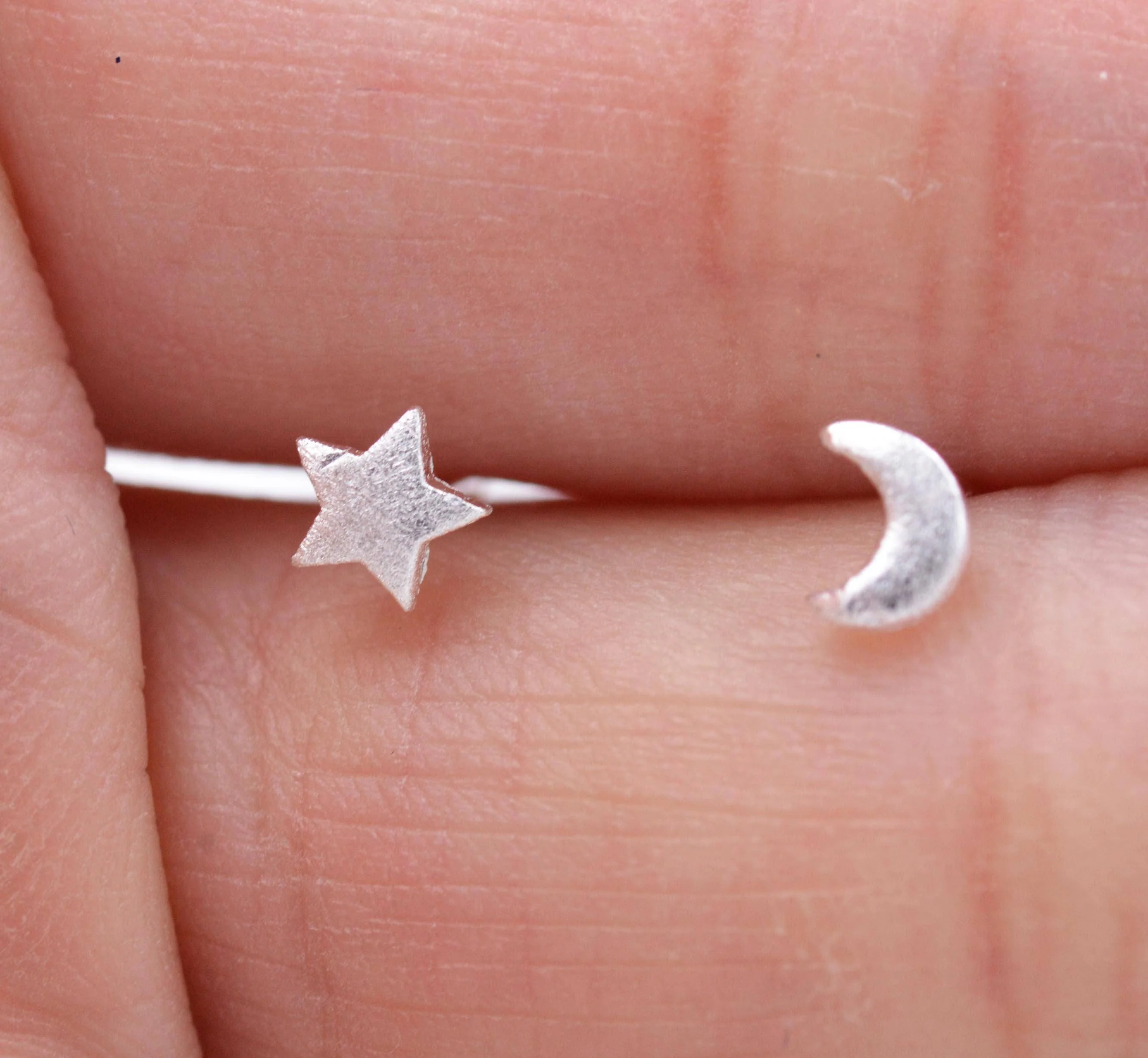 Sterling Silver Very Tiny Pair of Mismatched Asymmetric Moon and Star Stud Earrings, Cute and Quirky Jewellery, Textured Finish - Image 5