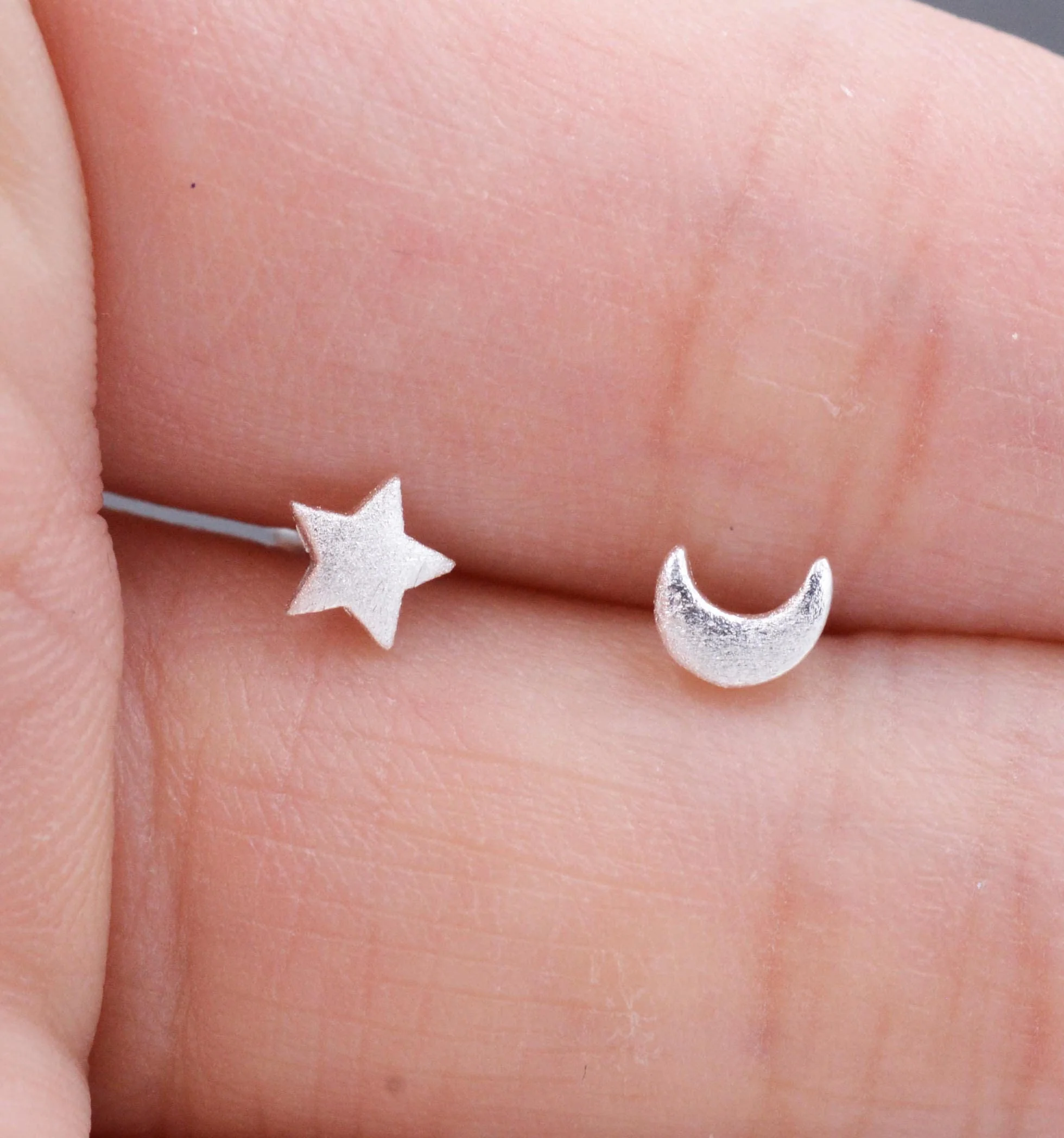 Sterling Silver Very Tiny Pair of Mismatched Asymmetric Moon and Star Stud Earrings, Cute and Quirky Jewellery, Textured Finish - Image 6