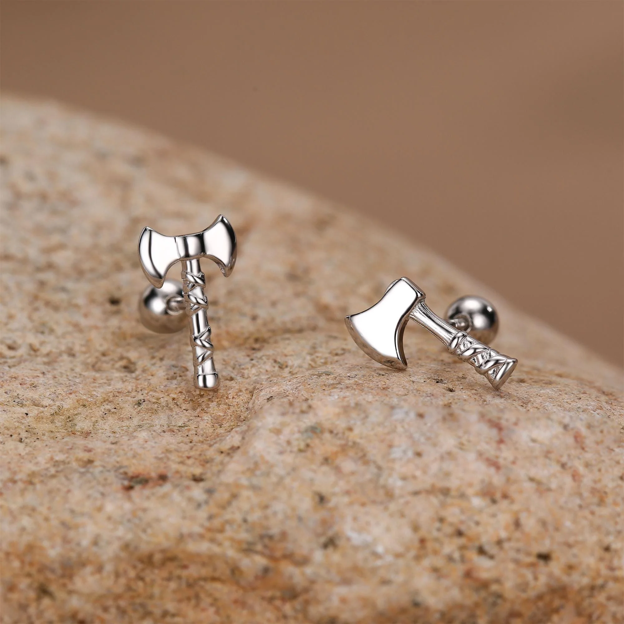 Sterling Silver Viking Axe 18G Screw Back Stud Earrings - Image 2