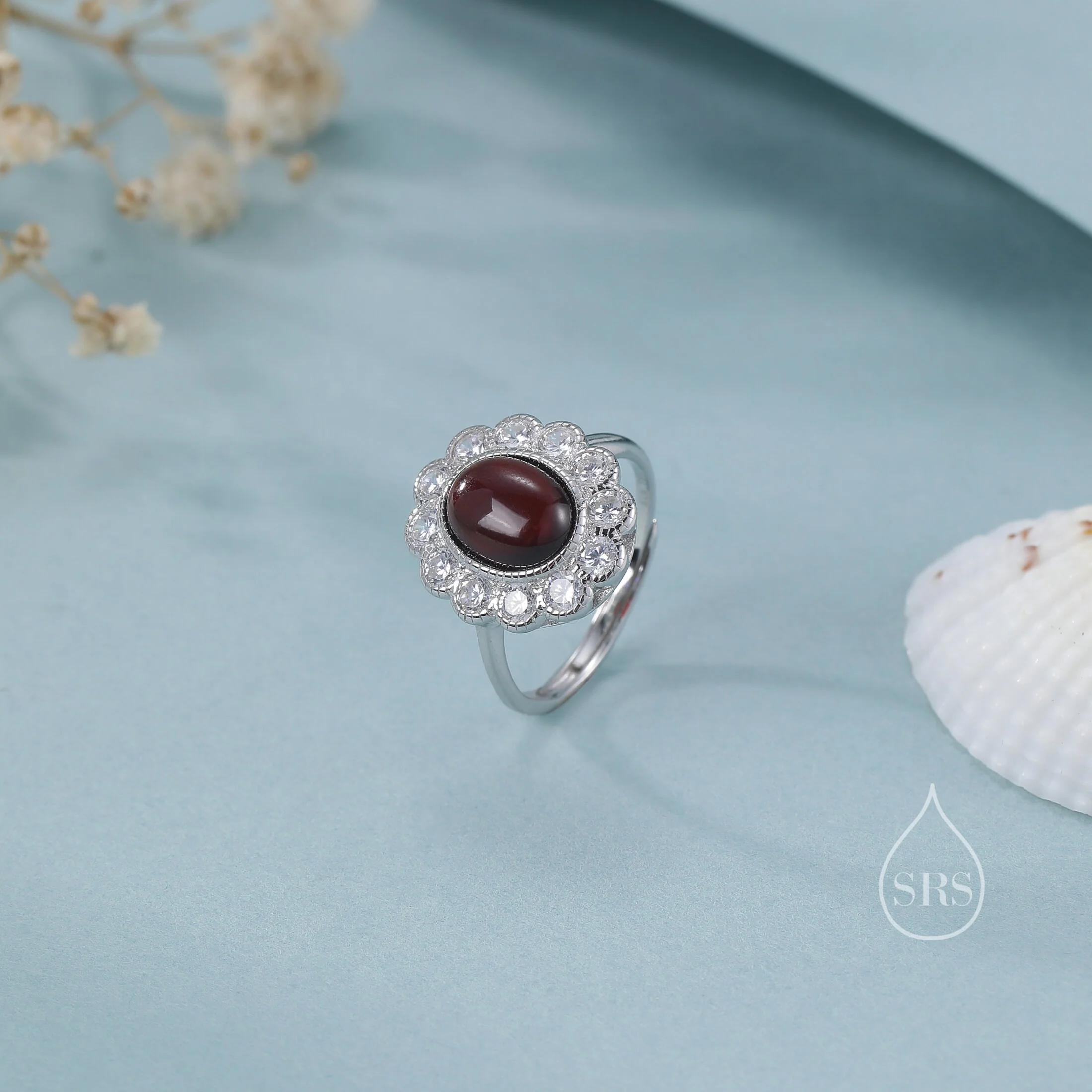 Sterling Silver Vintage Inspired Dark Garnet CZ Ring, Adjustable Size, Natural Red Garnet Ring, Vintage Style Genuine Garnet Ring - Image 4