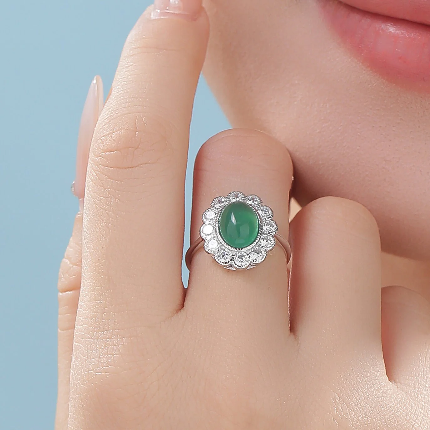 Sterling Silver Vintage Inspired Green Onyx CZ Ring, Adjustable Size,  Natural Green Onyx Ring, Vintage Style Onyx Ring - Image 2