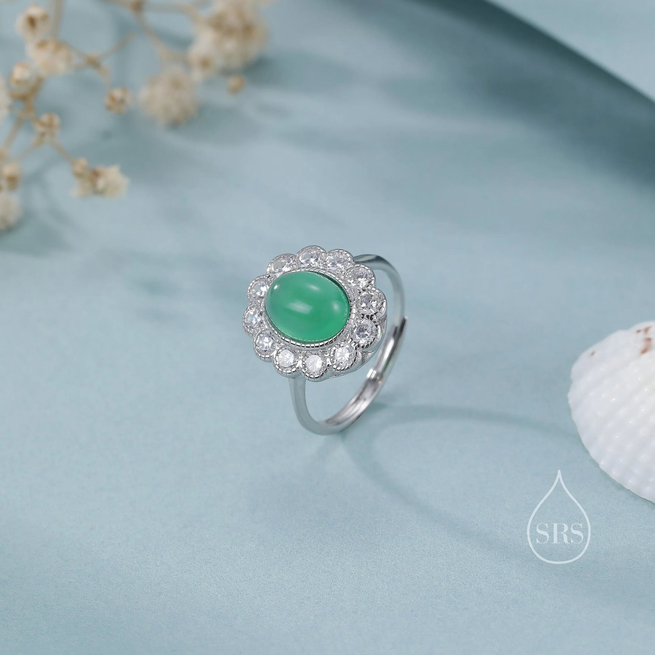 Sterling Silver Vintage Inspired Green Onyx CZ Ring, Adjustable Size,  Natural Green Onyx Ring, Vintage Style Onyx Ring - Image 4