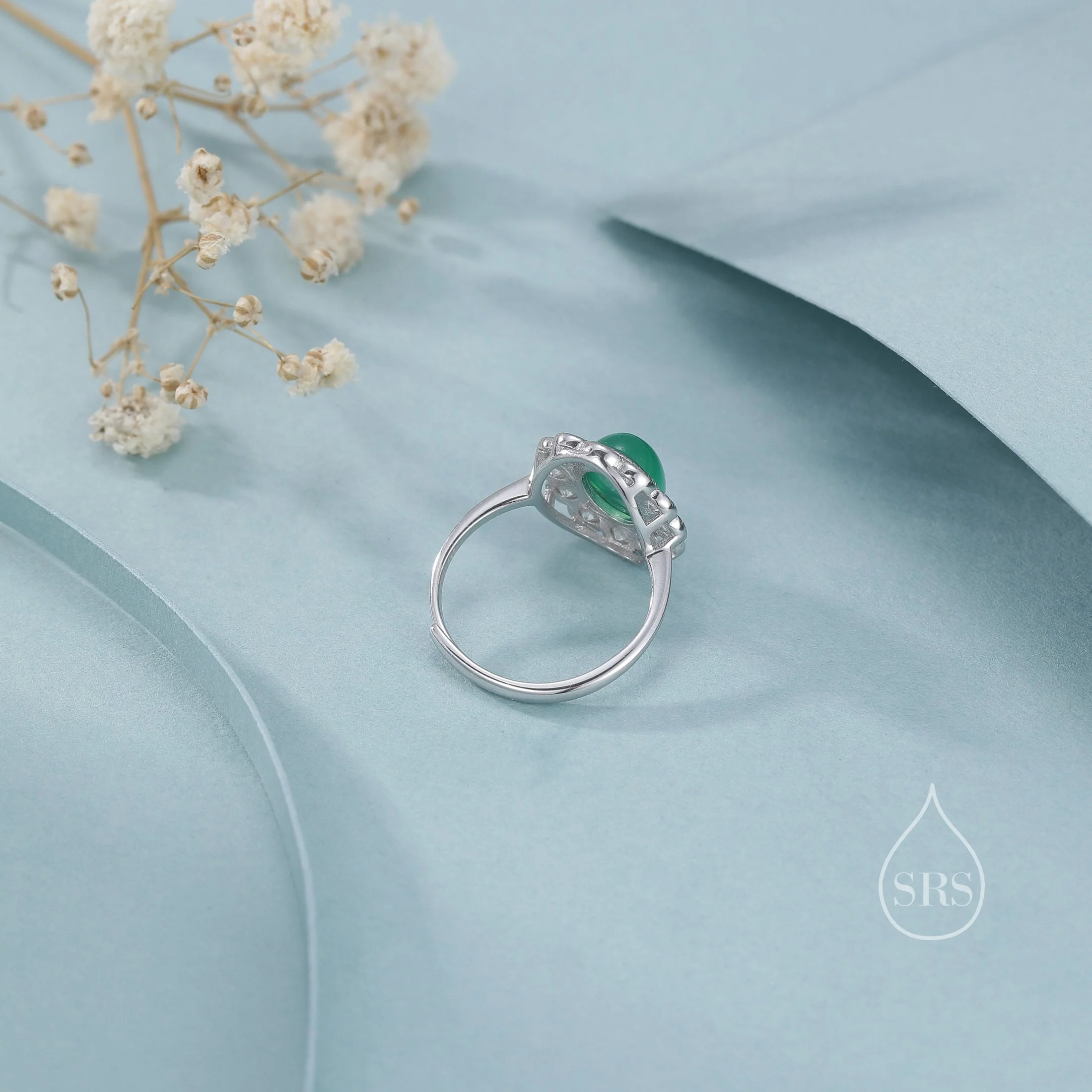 Sterling Silver Vintage Inspired Green Onyx CZ Ring, Adjustable Size,  Natural Green Onyx Ring, Vintage Style Onyx Ring - Image 7