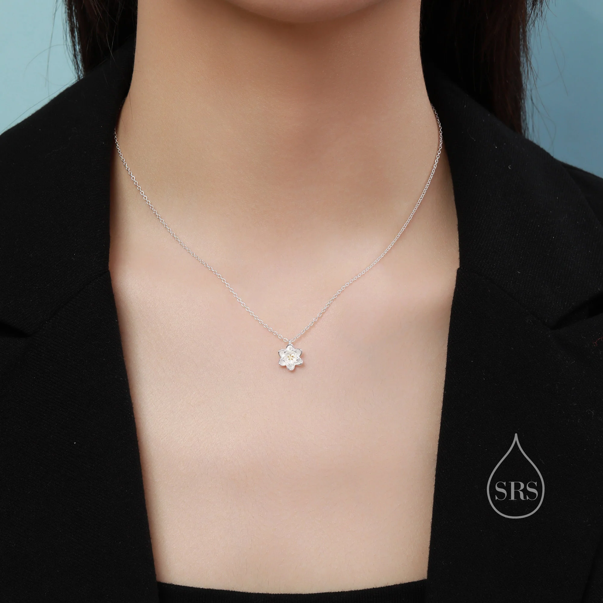 Sterling Silver Water lily Lotus Flower Blossom Pendant Necklace with Partial 18ct Gold Plating, Sweet Cute Pretty Jewellery - Image 4