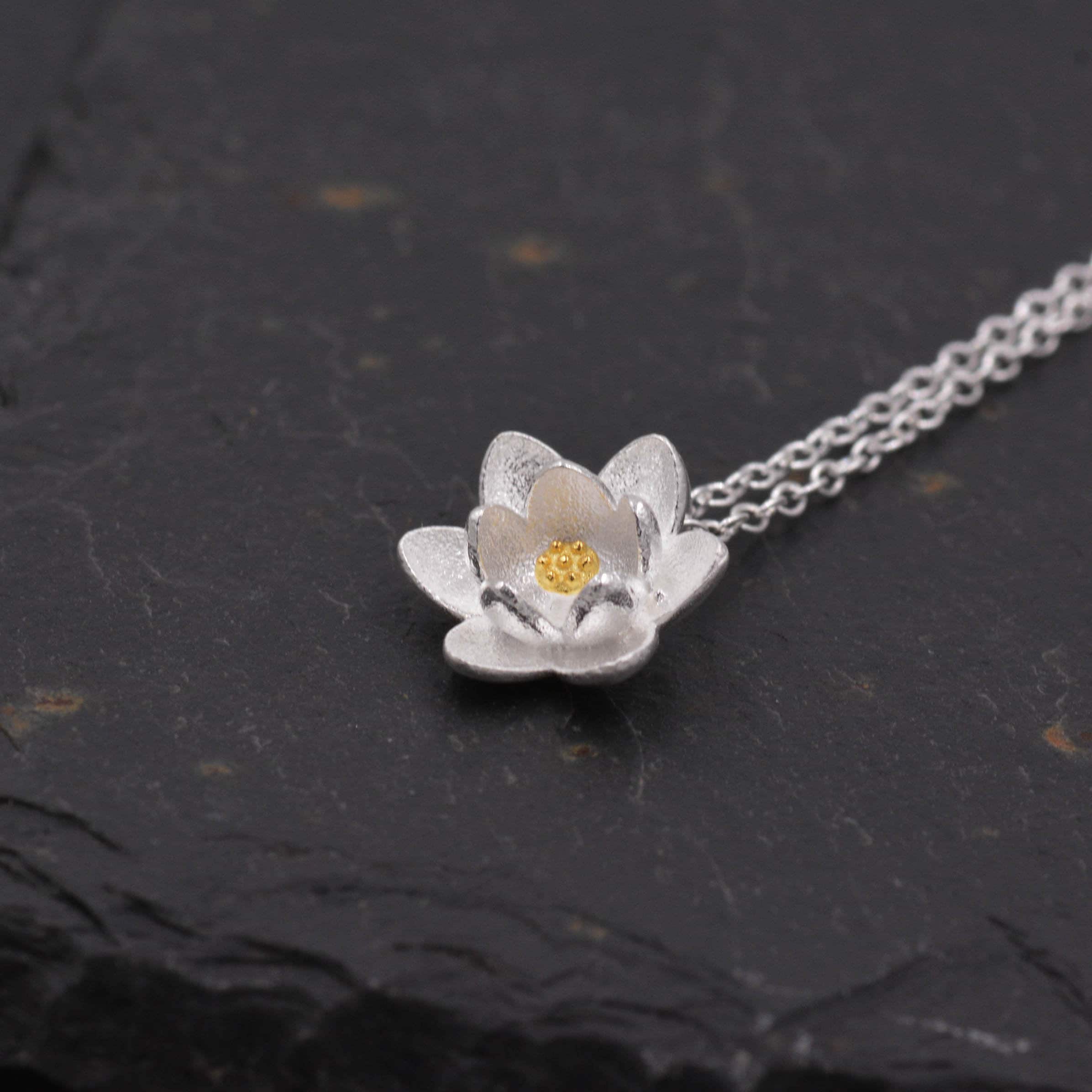 Sterling Silver Water lily Lotus Flower Blossom Pendant Necklace with Partial 18ct Gold Plating, Sweet Cute Pretty Jewellery - Image 5