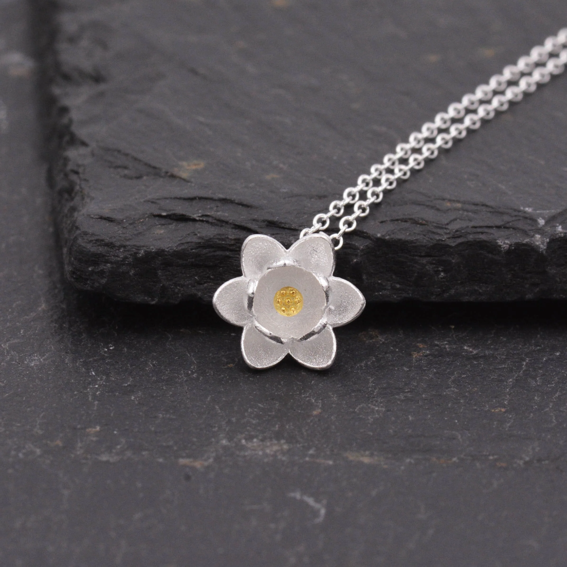 Sterling Silver Water lily Lotus Flower Blossom Pendant Necklace with Partial 18ct Gold Plating, Sweet Cute Pretty Jewellery - Image 6