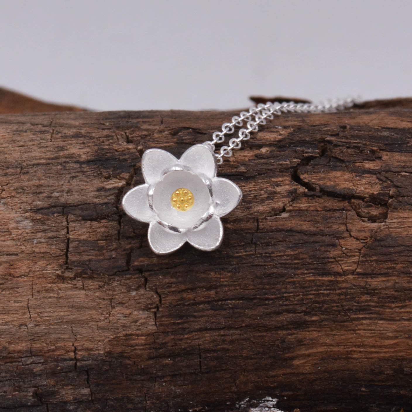 Sterling Silver Water lily Lotus Flower Blossom Pendant Necklace with Partial 18ct Gold Plating, Sweet Cute Pretty Jewellery - Image 7