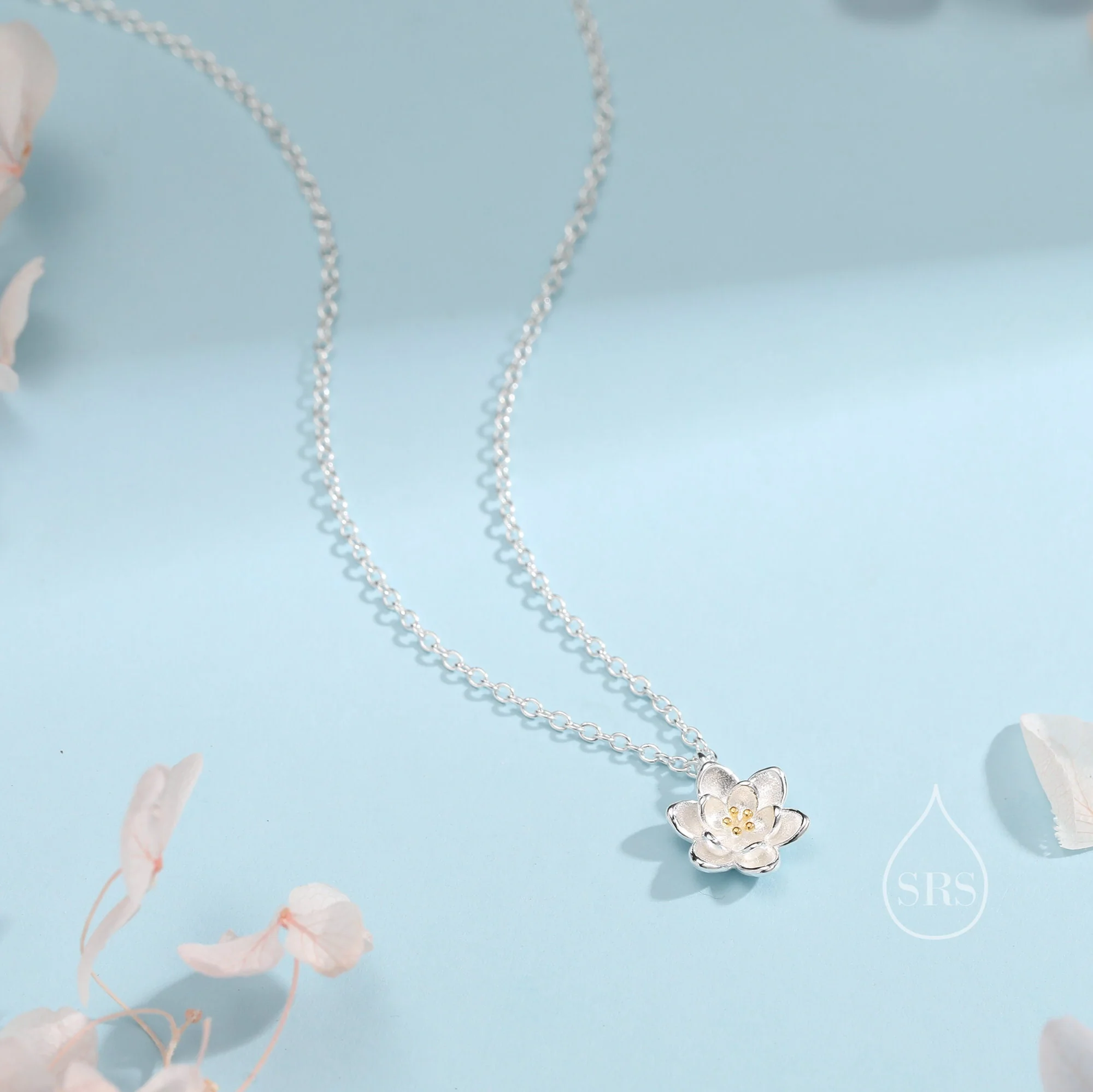 Sterling Silver Water lily Lotus Flower Blossom Stud Earrings and Necklace with Partial 18ct Gold Plating, Sweet Cute Pretty Jewellery - Image 3