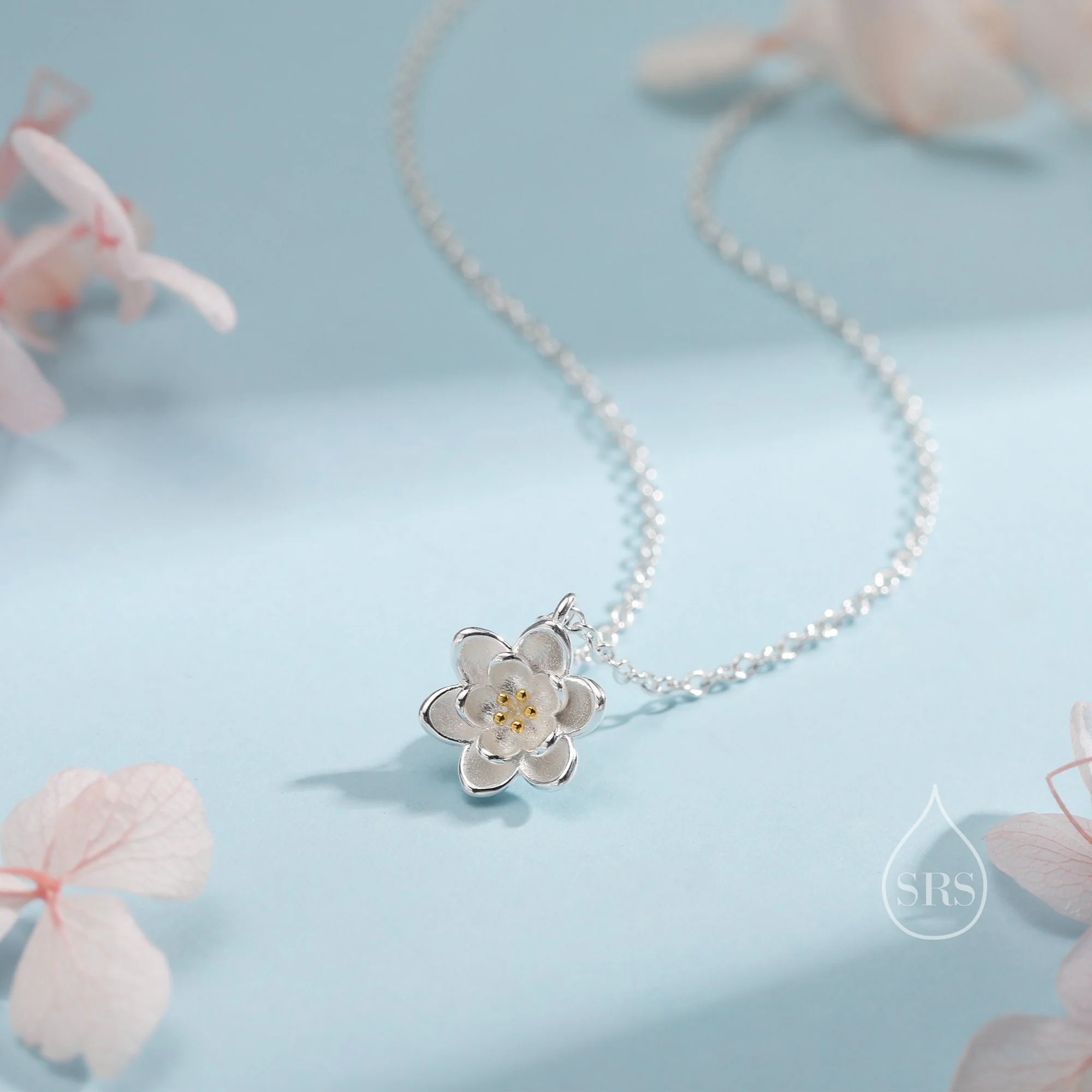 Sterling Silver Water lily Lotus Flower Blossom Stud Earrings and Necklace with Partial 18ct Gold Plating, Sweet Cute Pretty Jewellery - Image 4