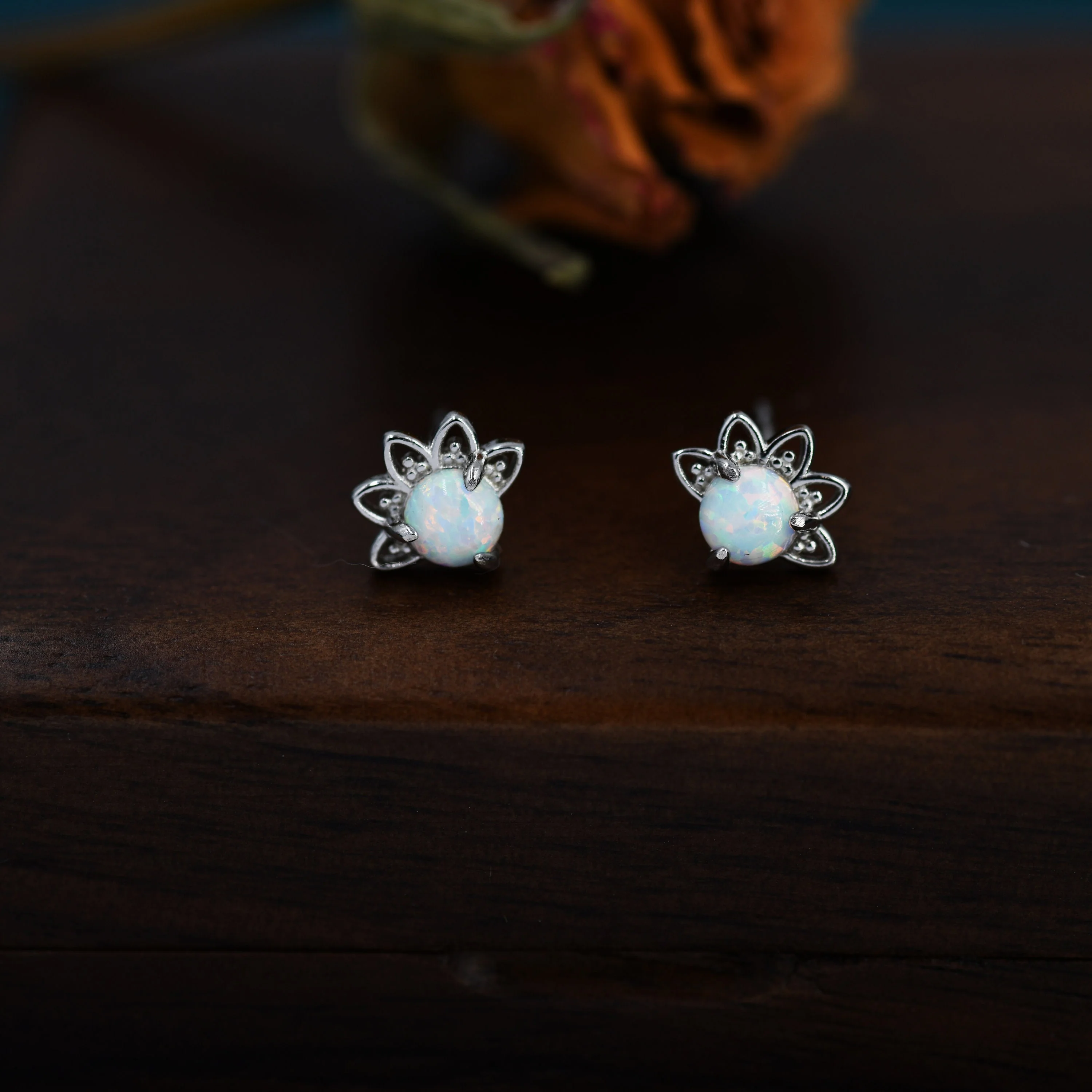 Sterling Silver White Opal Crown Stud Earrings, Prong Set, Opal Earrings, Lab Opal Lotus Earrings, Minimalist - Image 2