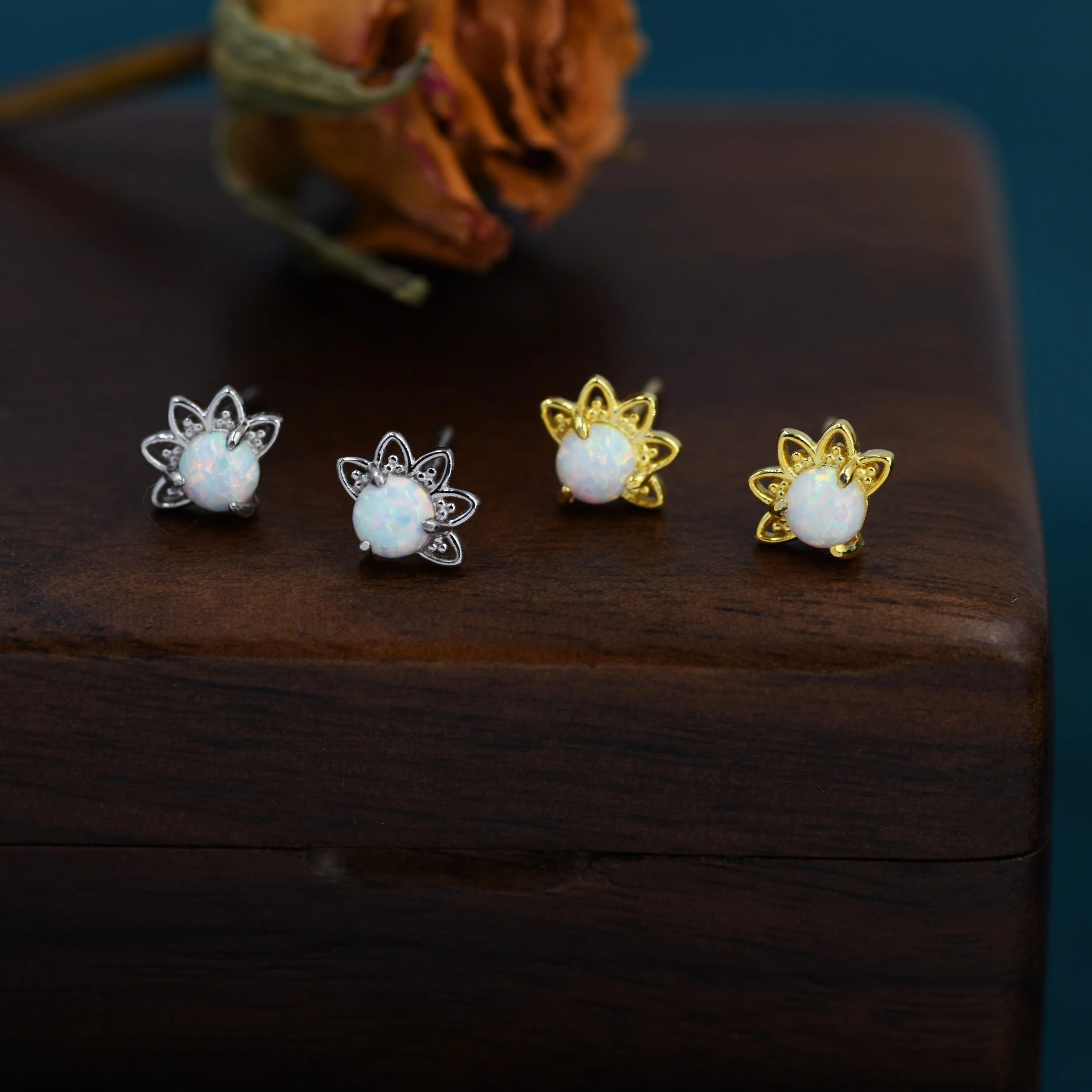 Sterling Silver White Opal Crown Stud Earrings, Prong Set, Opal Earrings, Lab Opal Lotus Earrings, Minimalist - Image 3