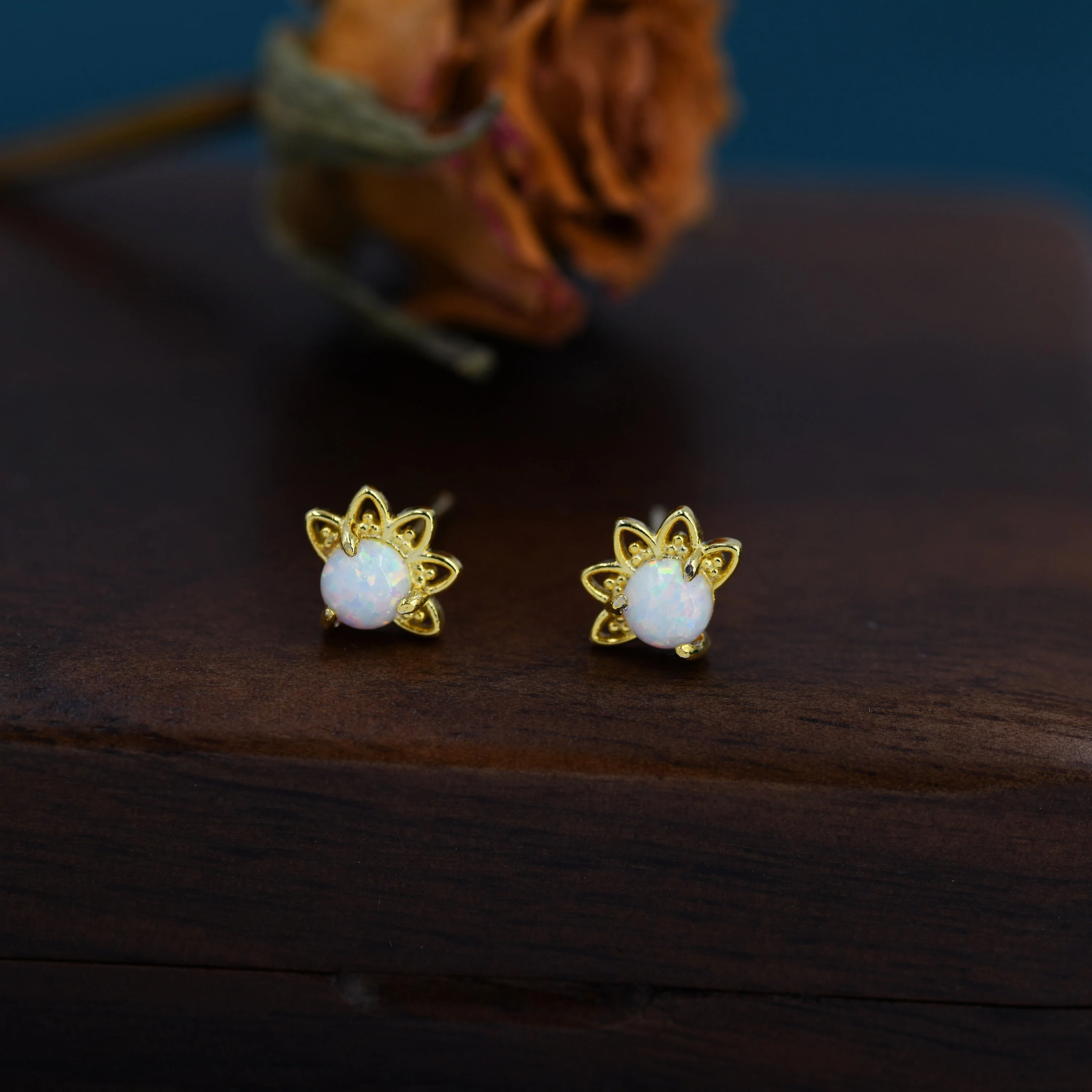 Sterling Silver White Opal Crown Stud Earrings, Prong Set, Opal Earrings, Lab Opal Lotus Earrings, Minimalist - Image 4