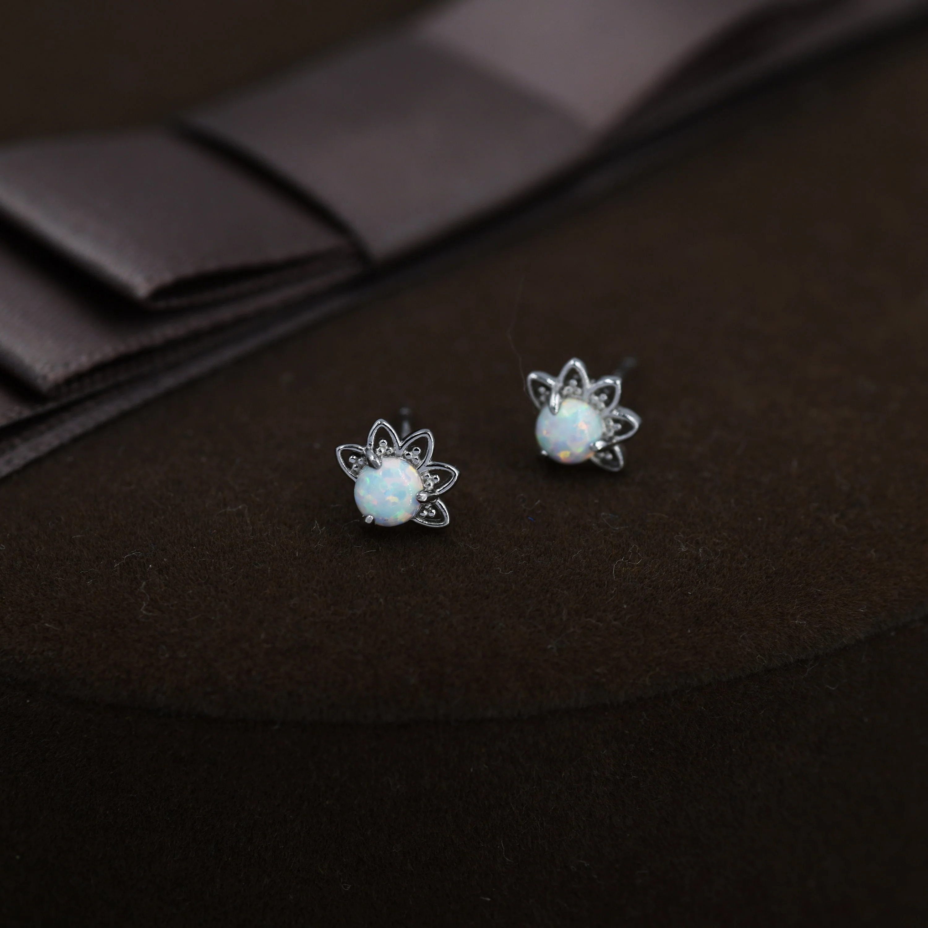 Sterling Silver White Opal Crown Stud Earrings, Prong Set, Opal Earrings, Lab Opal Lotus Earrings, Minimalist - Image 5