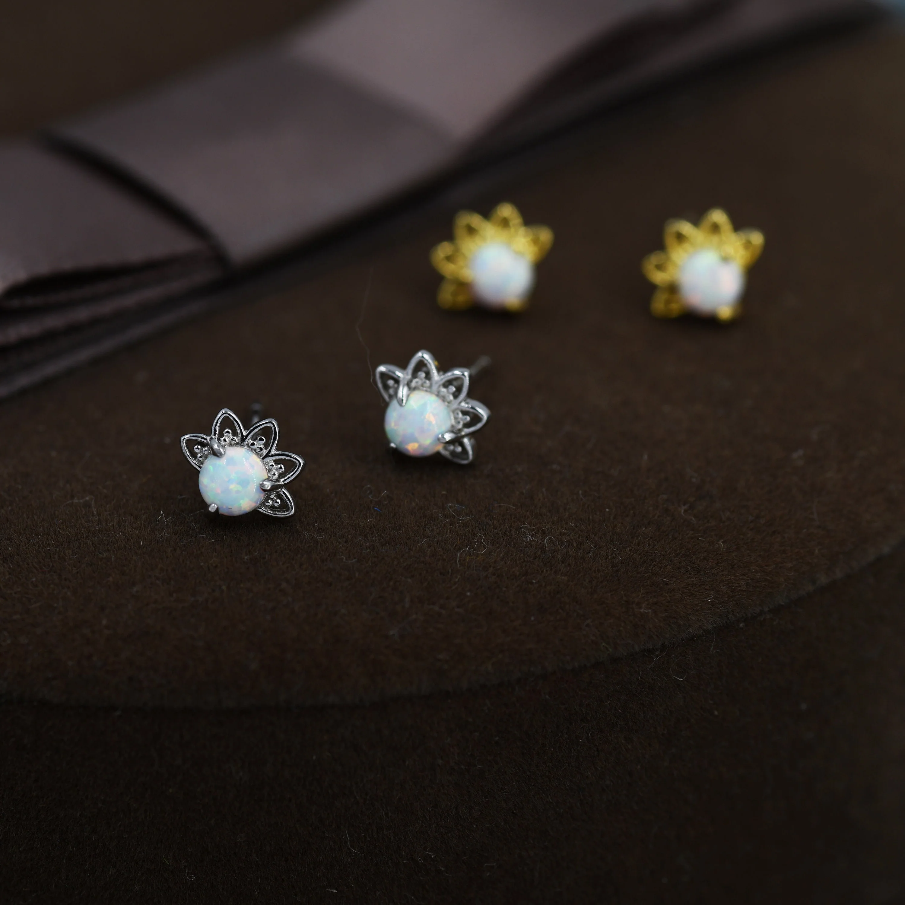 Sterling Silver White Opal Crown Stud Earrings, Prong Set, Opal Earrings, Lab Opal Lotus Earrings, Minimalist - Image 6