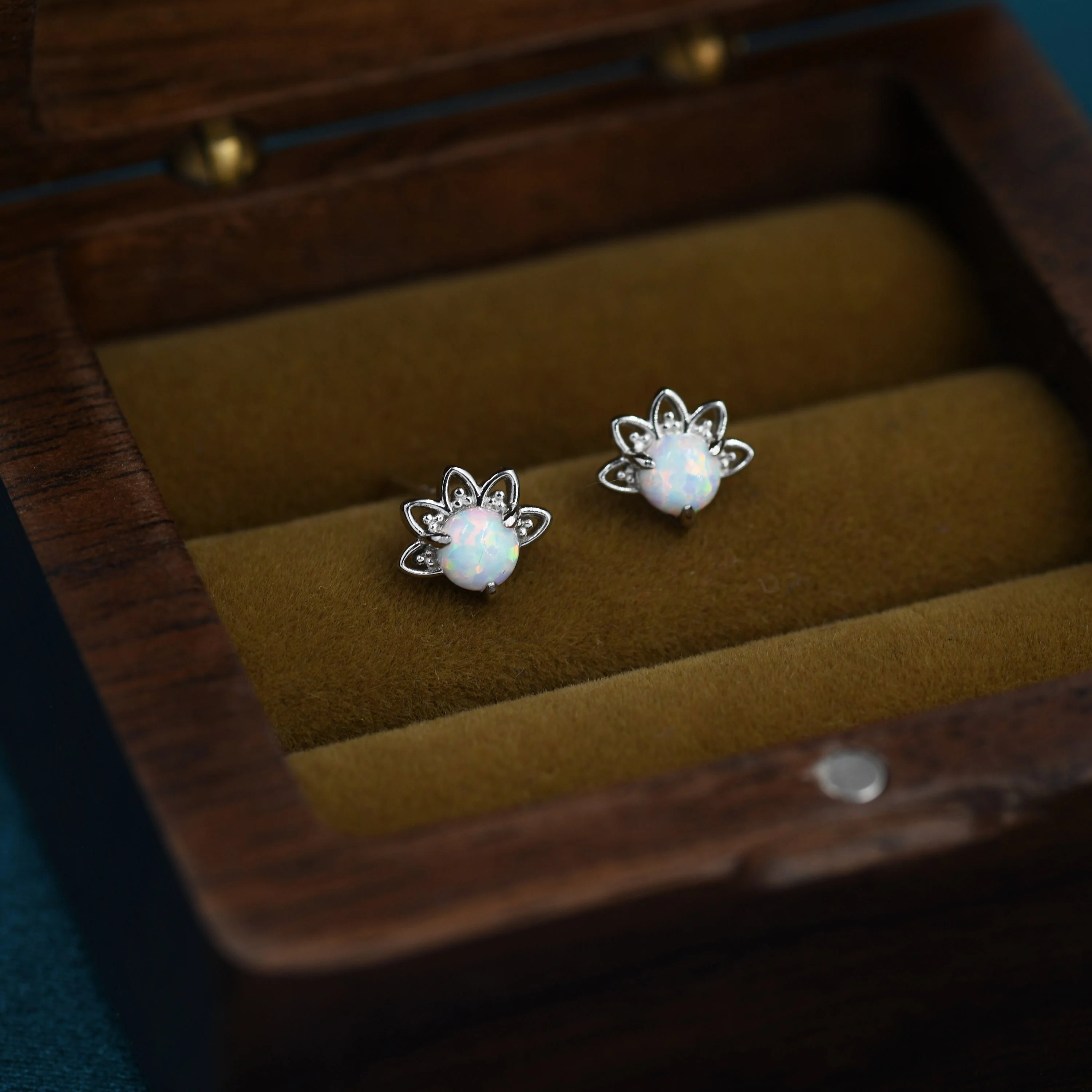 Sterling Silver White Opal Crown Stud Earrings, Prong Set, Opal Earrings, Lab Opal Lotus Earrings, Minimalist - Image 7