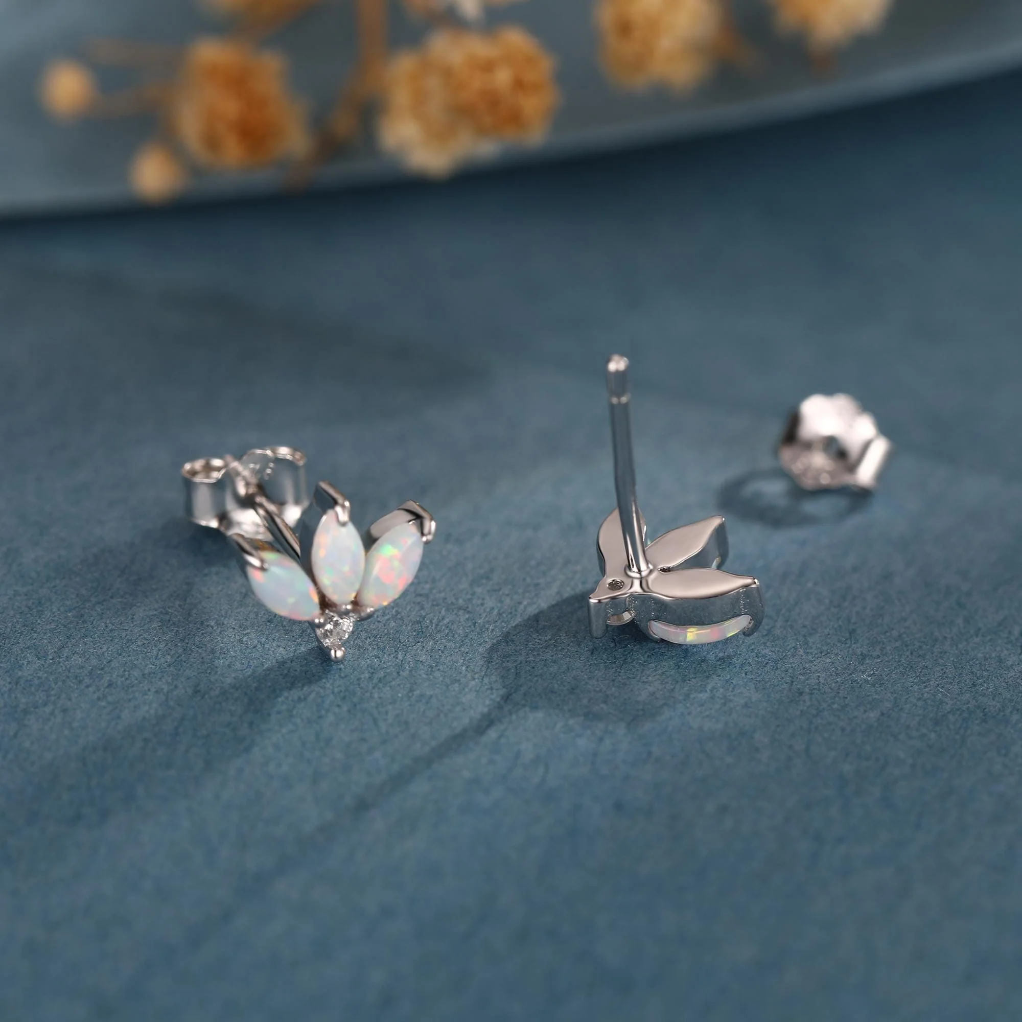 Sterling Silver White Opal Marquise Cluster CZ Stud Earrings, Marquise Fan Stud, Opal Crown Stud, Gold or Silver, Minimalist - Image 2