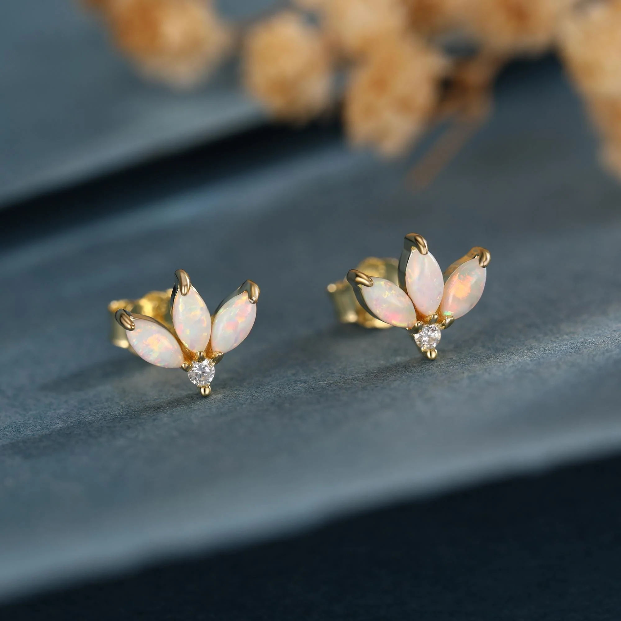 Sterling Silver White Opal Marquise Cluster CZ Stud Earrings, Marquise Fan Stud, Opal Crown Stud, Gold or Silver, Minimalist - Image 4