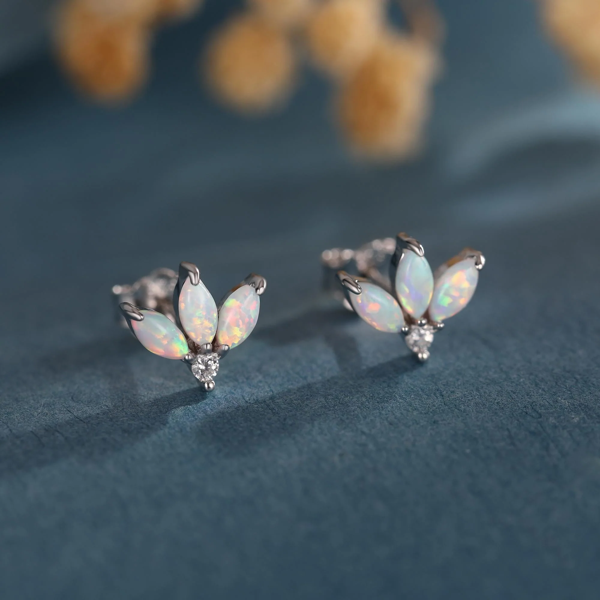 Sterling Silver White Opal Marquise Cluster CZ Stud Earrings, Marquise Fan Stud, Opal Crown Stud, Gold or Silver, Minimalist - Image 6