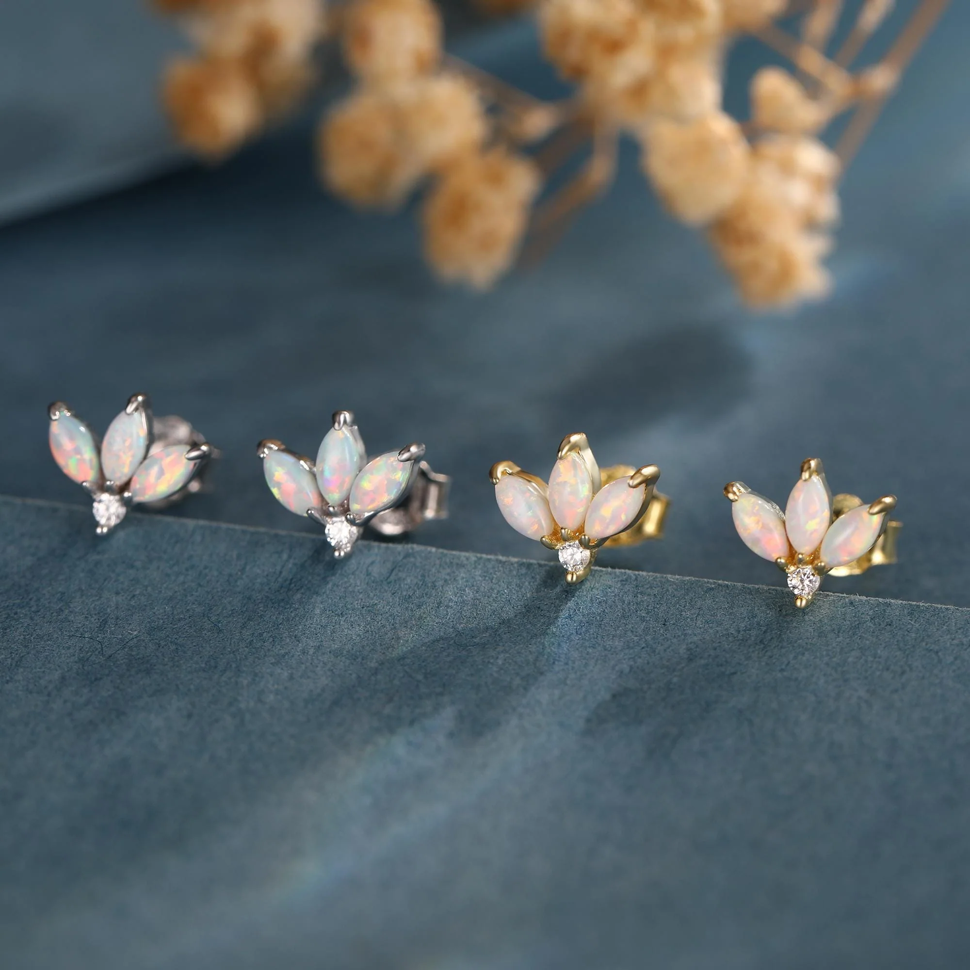Sterling Silver White Opal Marquise Cluster CZ Stud Earrings, Marquise Fan Stud, Opal Crown Stud, Gold or Silver, Minimalist - Image 7