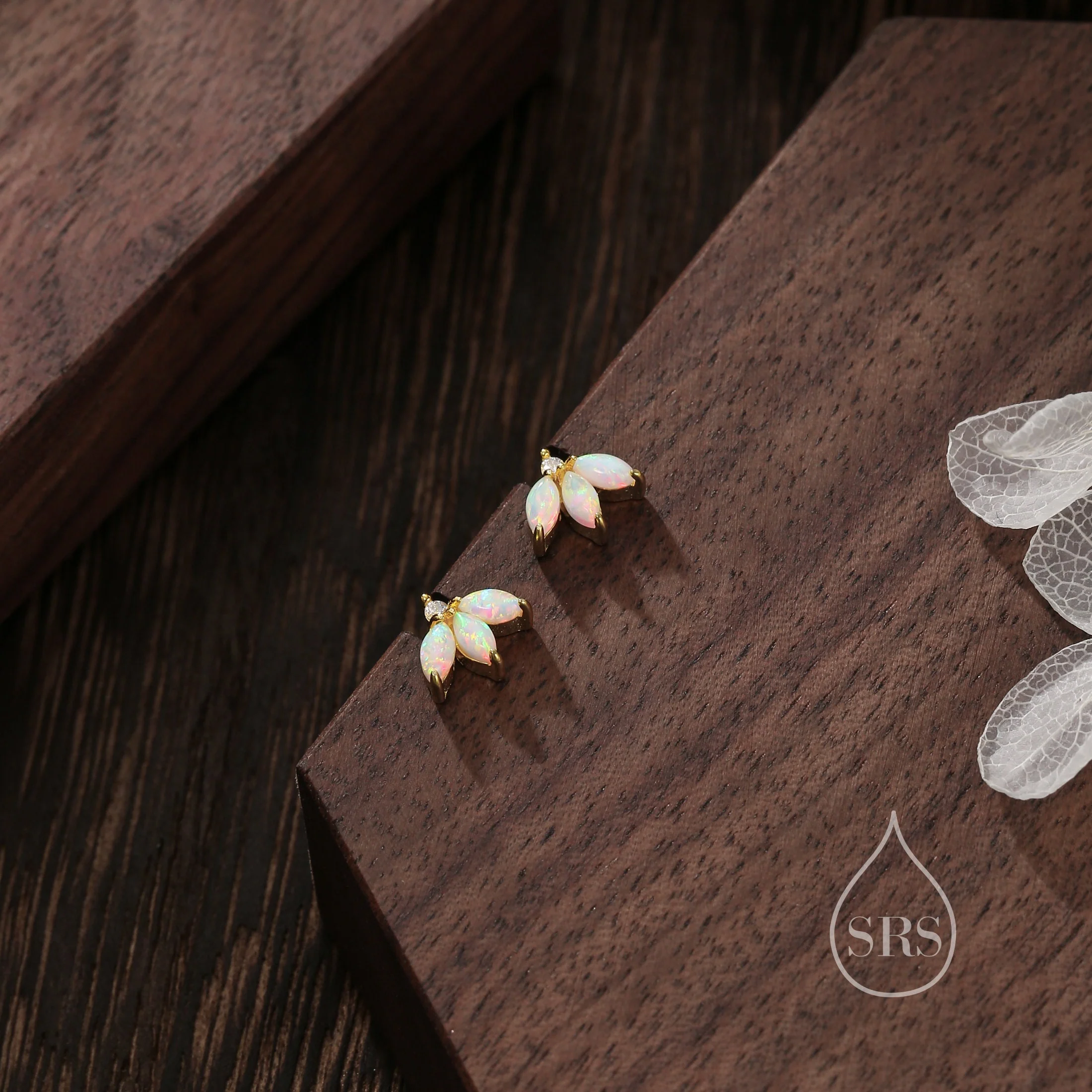 Sterling Silver White Opal Marquise Cluster CZ Stud Earrings, Marquise Fan Stud, Opal Crown Stud, Gold or Silver, Minimalist - Image 9