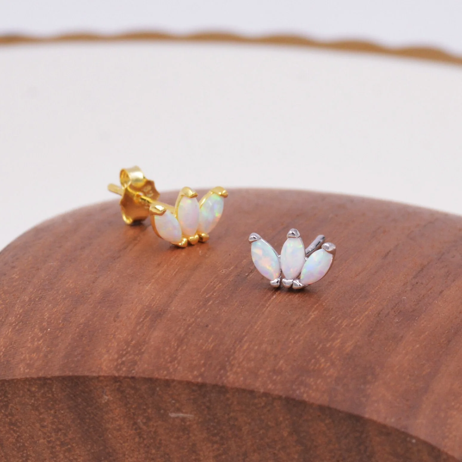 Sterling Silver White Opal Marquise Cluster Stud Earrings, Marquise Fan Stud, Opal Crown Stud, Gold or Silver, Minimalist - Image 4