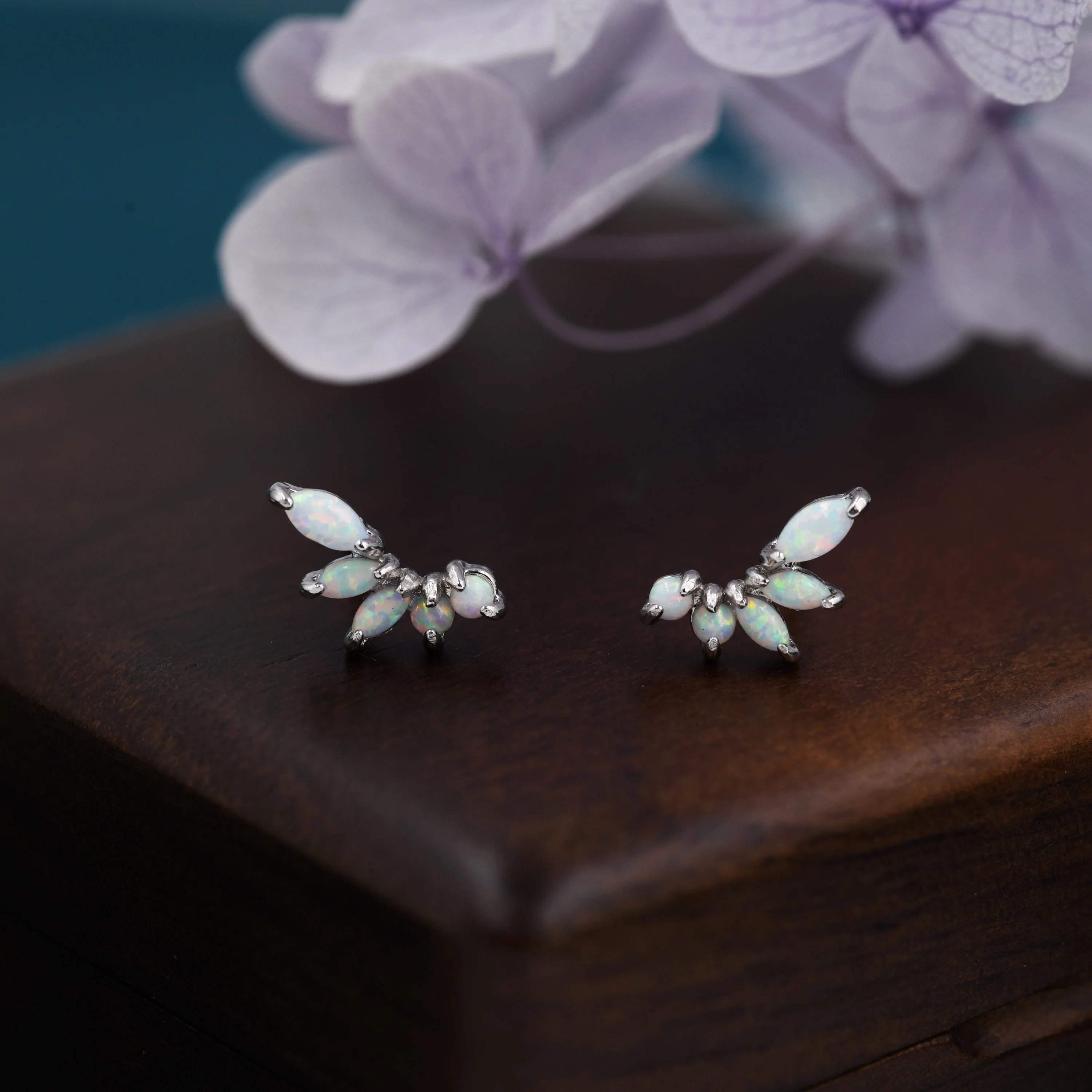 Sterling Silver White Opal Marquise Cluster Stud Earrings, Silver and Gold, Blue Opal Earrings, Lab Opal Mini Crawler Earrings, Minimalist - Image 10