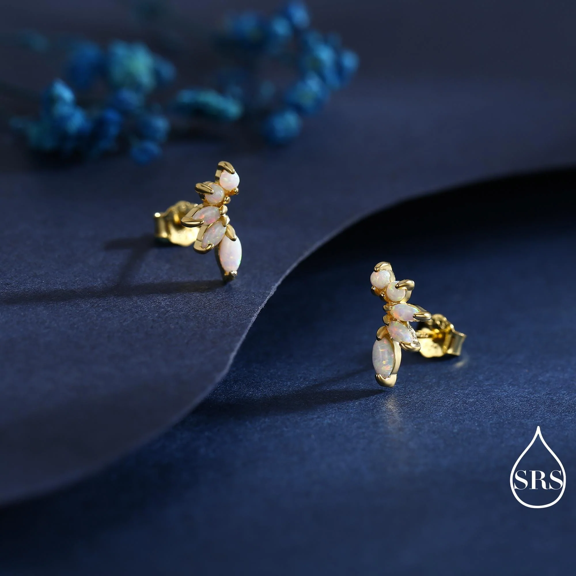 Sterling Silver White Opal Marquise Cluster Stud Earrings, Silver and Gold, Blue Opal Earrings, Lab Opal Mini Crawler Earrings, Minimalist - Image 4