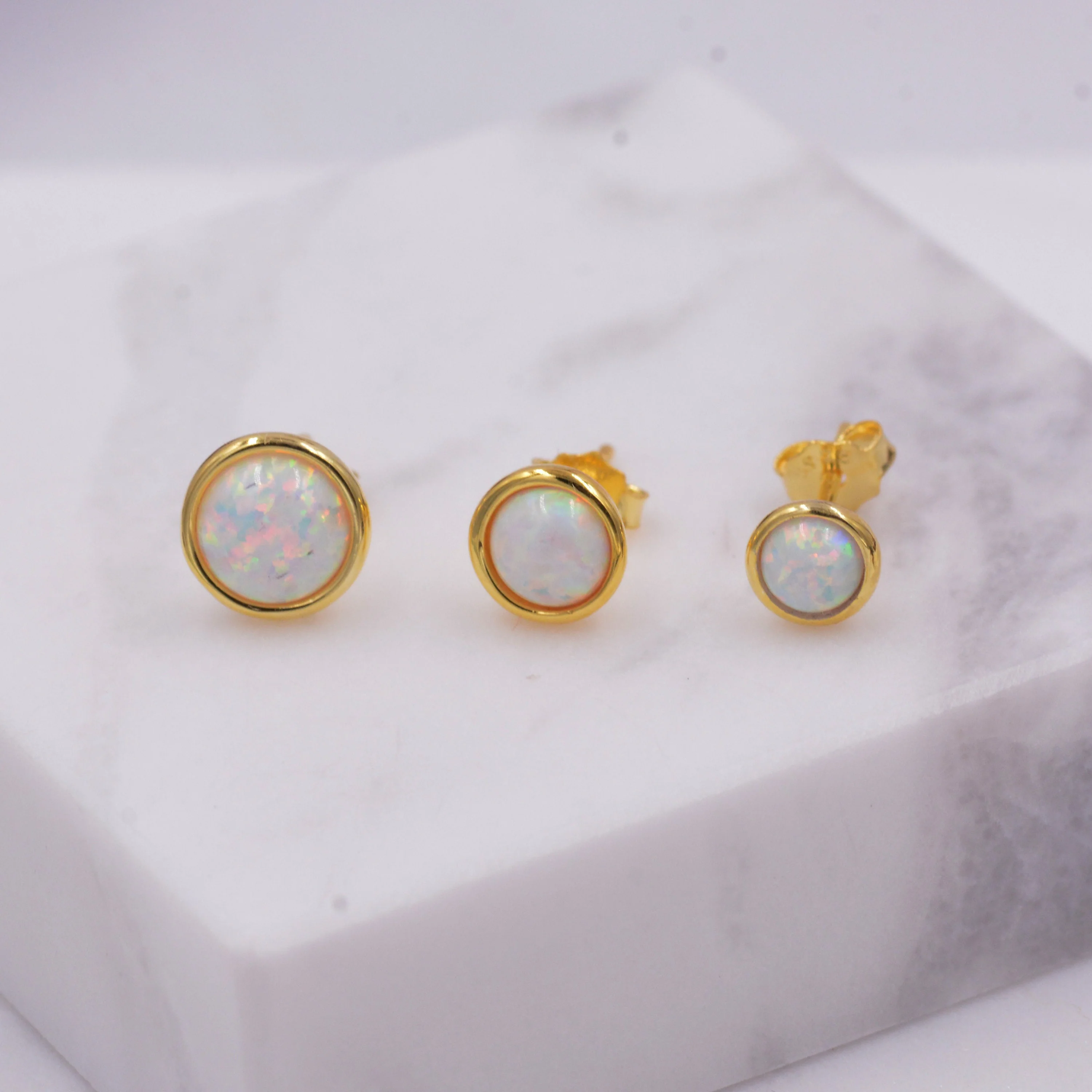 Sterling Silver White Opal Stone Crystal Stud Earrings. Gold Vermeil, Round Minimalist Dot Geometric Design. bridesmaid jewellery. - Image 4