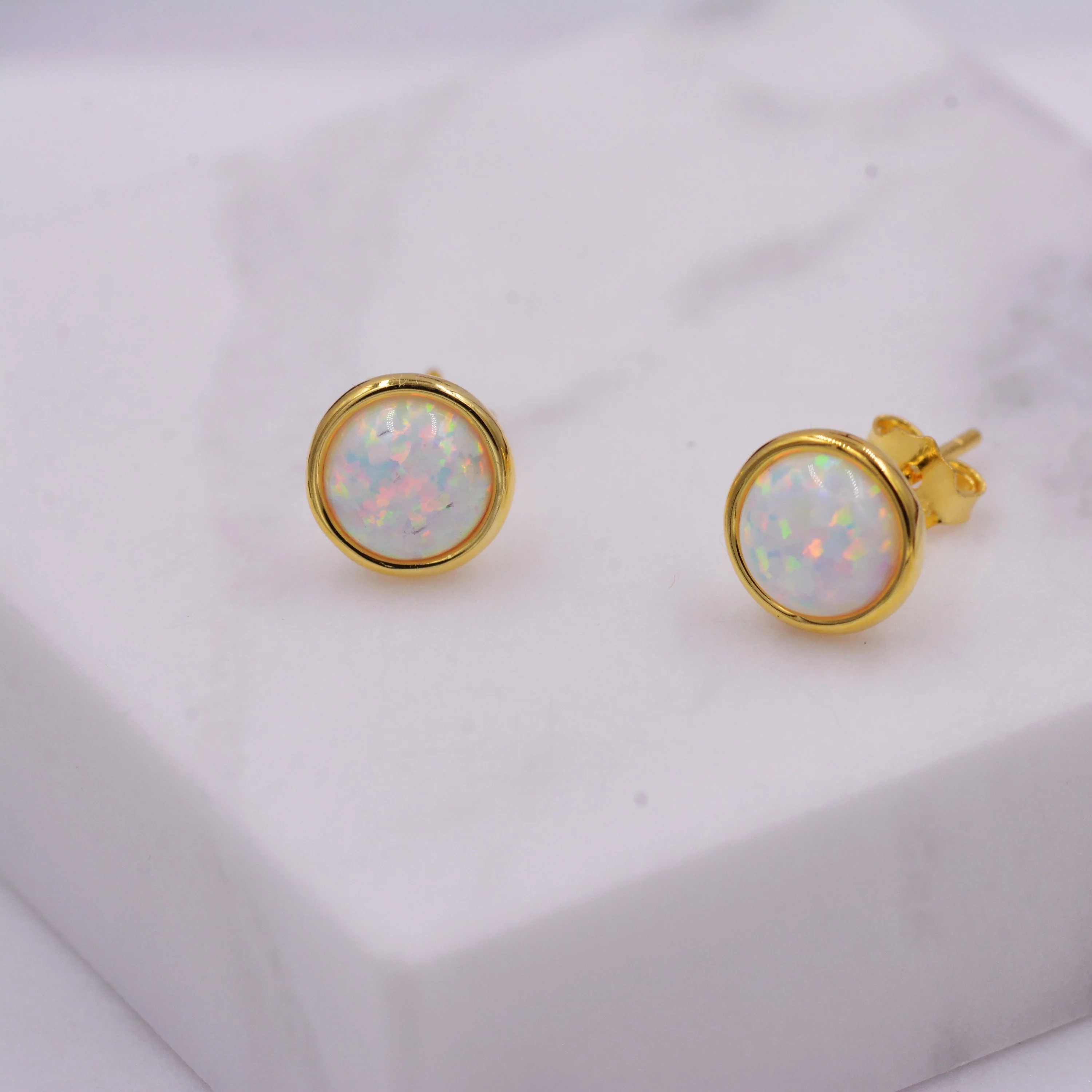 Sterling Silver White Opal Stone Crystal Stud Earrings. Gold Vermeil, Round Minimalist Dot Geometric Design. bridesmaid jewellery. - Image 5