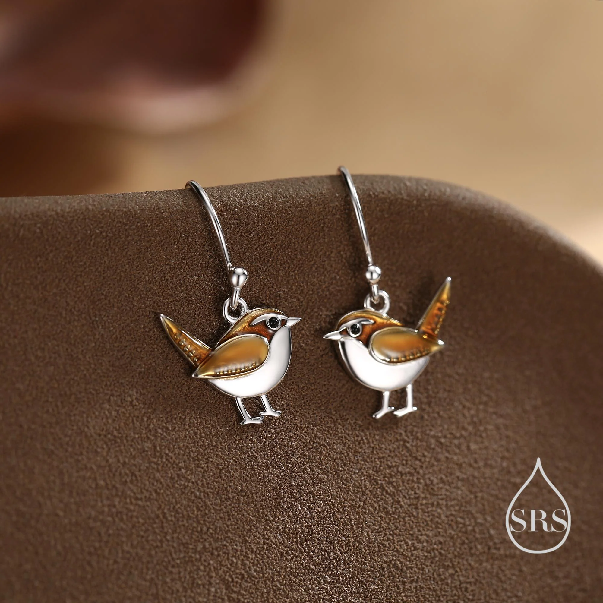 Sterling Silver Wren Bird Drop Hook Earrings Earrings, Silver Wren Earrings, Cute Sparrow Earrings