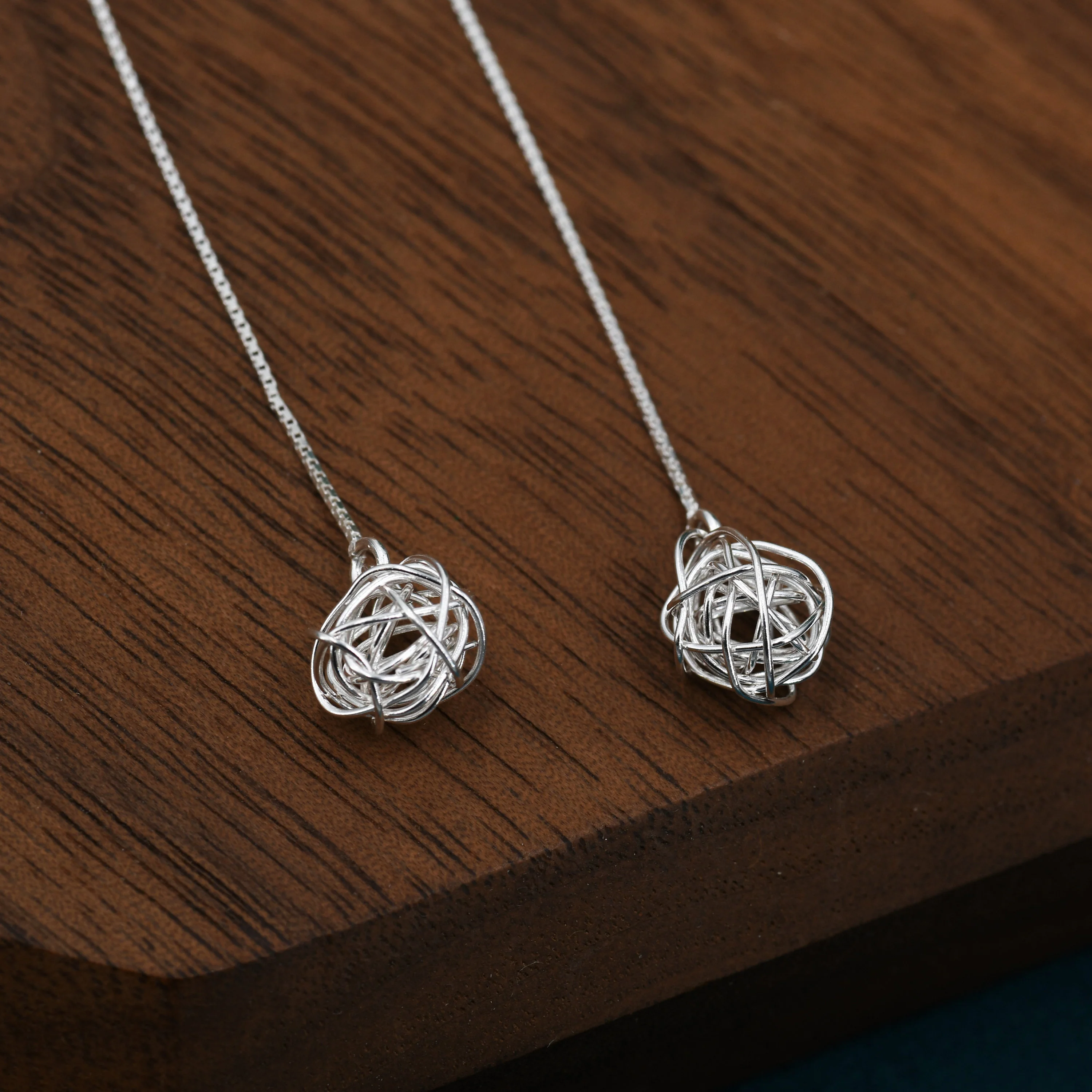 Sterling Silver Yarn ball Tumbleweed Wire Ball Threaders Earrings - Hand Woven from Sterling Silver Wire, Minimalist Ear Threaders - Image 4