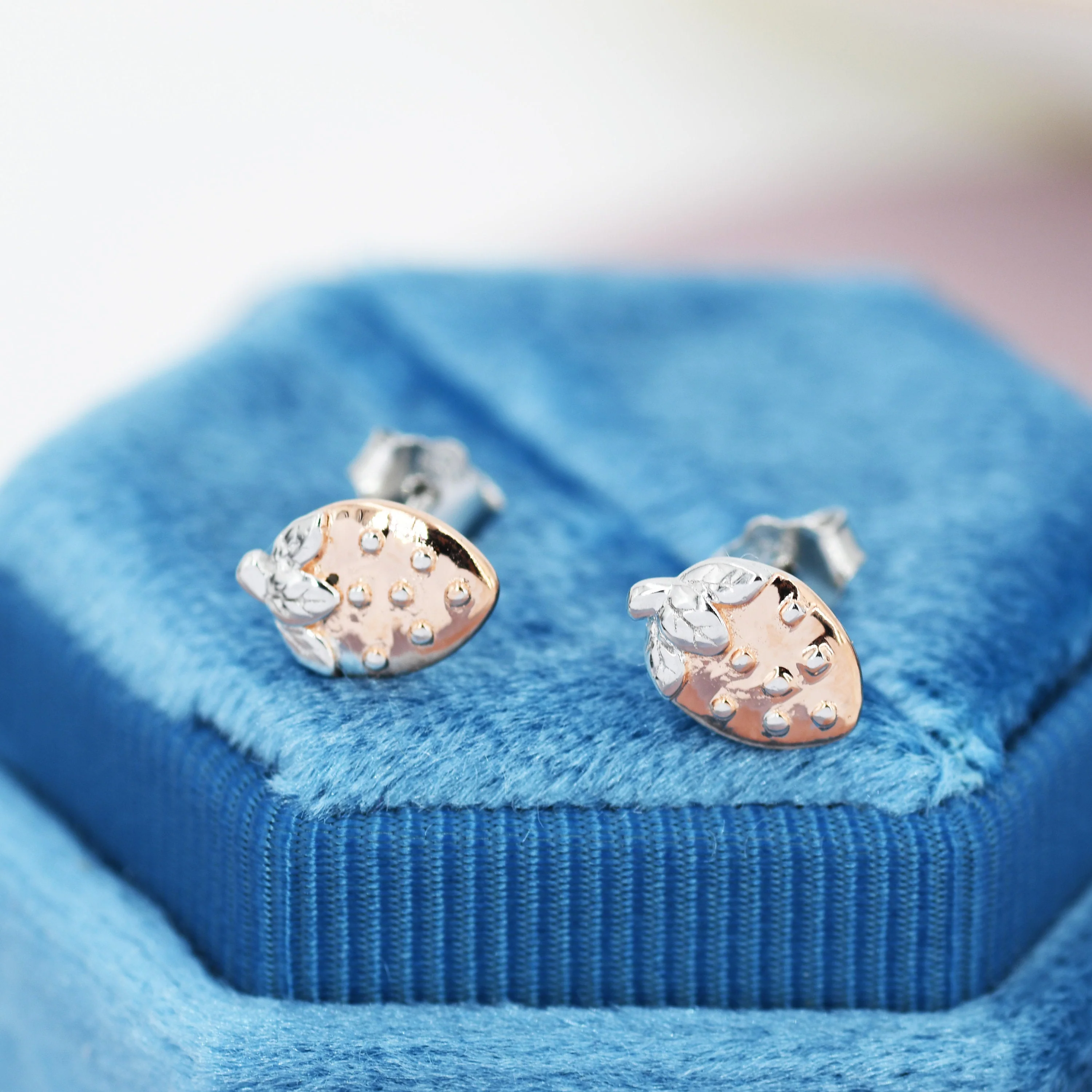 Strawberry Stud Earrings in Sterling Silver, Silver and Rose Gold Two Tone Earrings, Fruit Earrings, Summer Earrings - Image 5