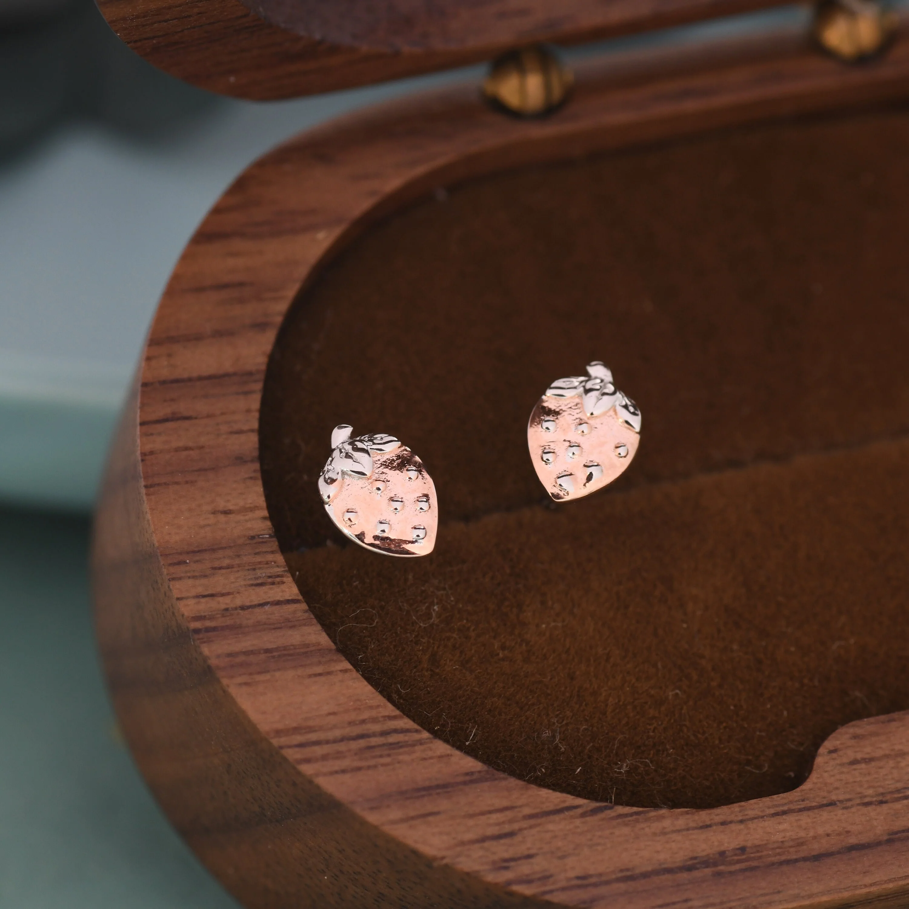 Strawberry Stud Earrings in Sterling Silver, Silver and Rose Gold Two Tone Earrings, Fruit Earrings, Summer Earrings - Image 7