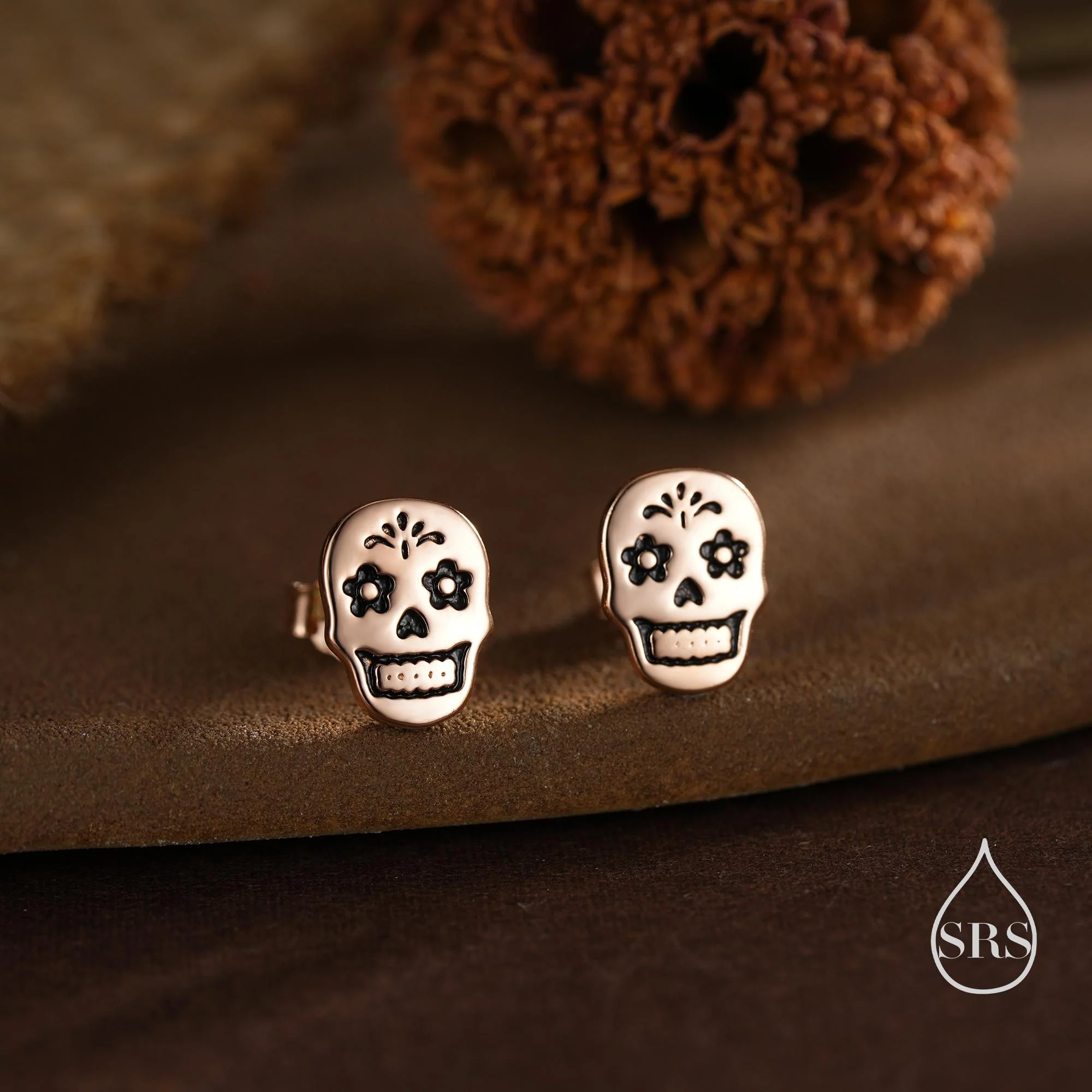 Sugar Skull Stud Earrings in Sterling Silver, Oxidised Silver, Gold or Rose Gold, Sugar Skull Earrings, Day of the Dead Earrings, Halloween - Image 5