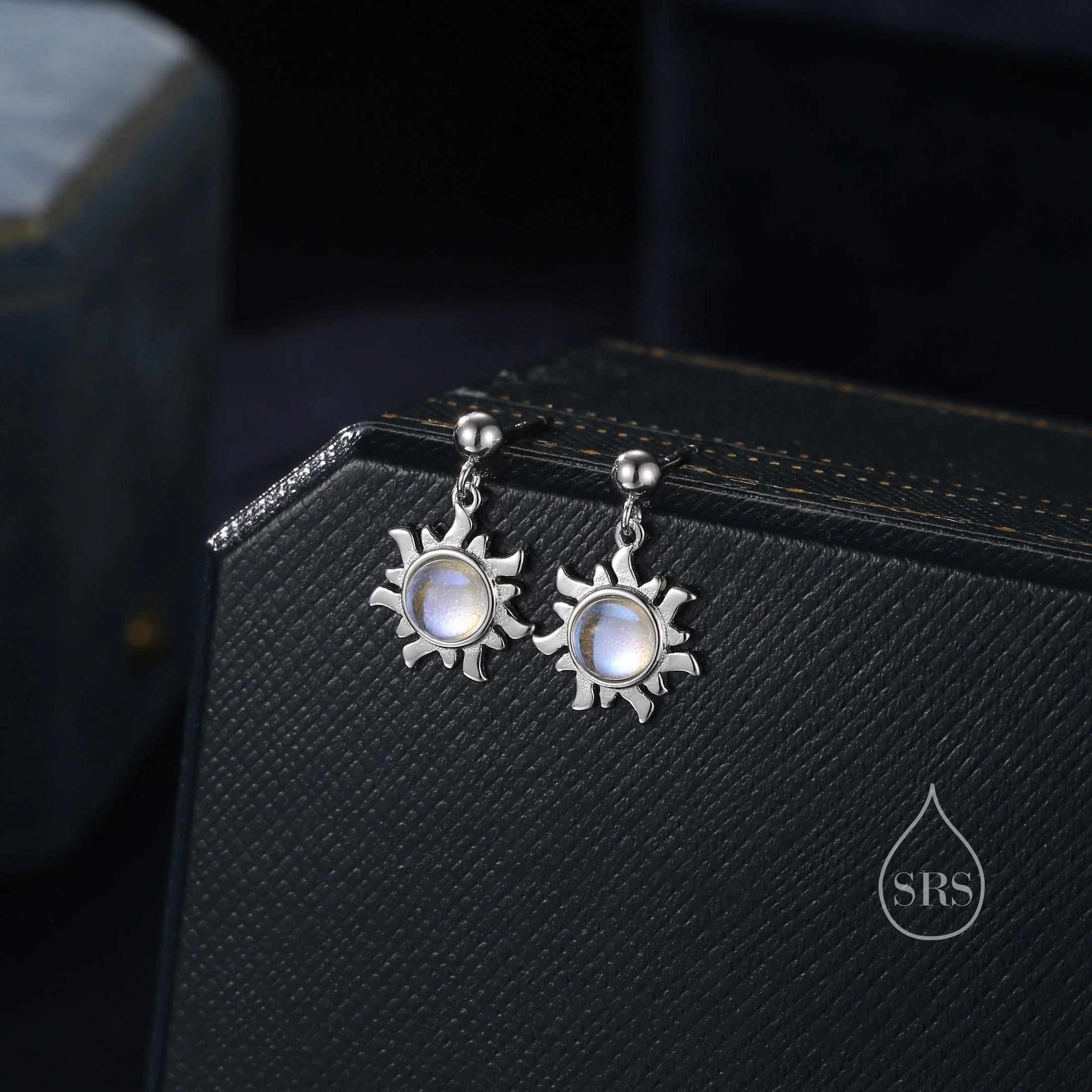 Sun Dangle Drop Stud Earrings in Sterling Silver with Simulated Moonstone, Sun Earrings, Celestial Earrings - Image 3