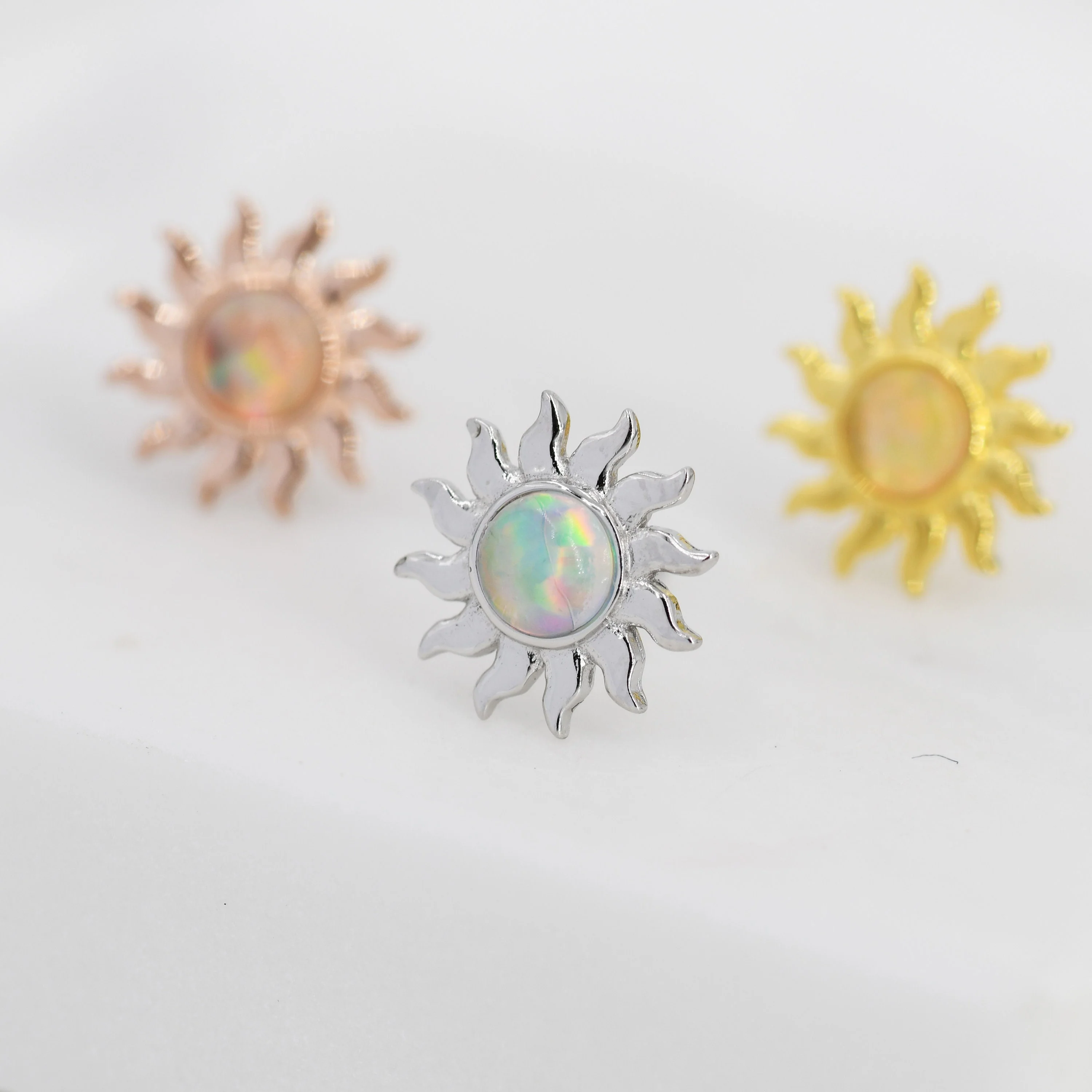 Sun Opal Stud Earrings in Sterling Silver, Silver, Gold or Rose Gold, Sun Earrings - Image 3