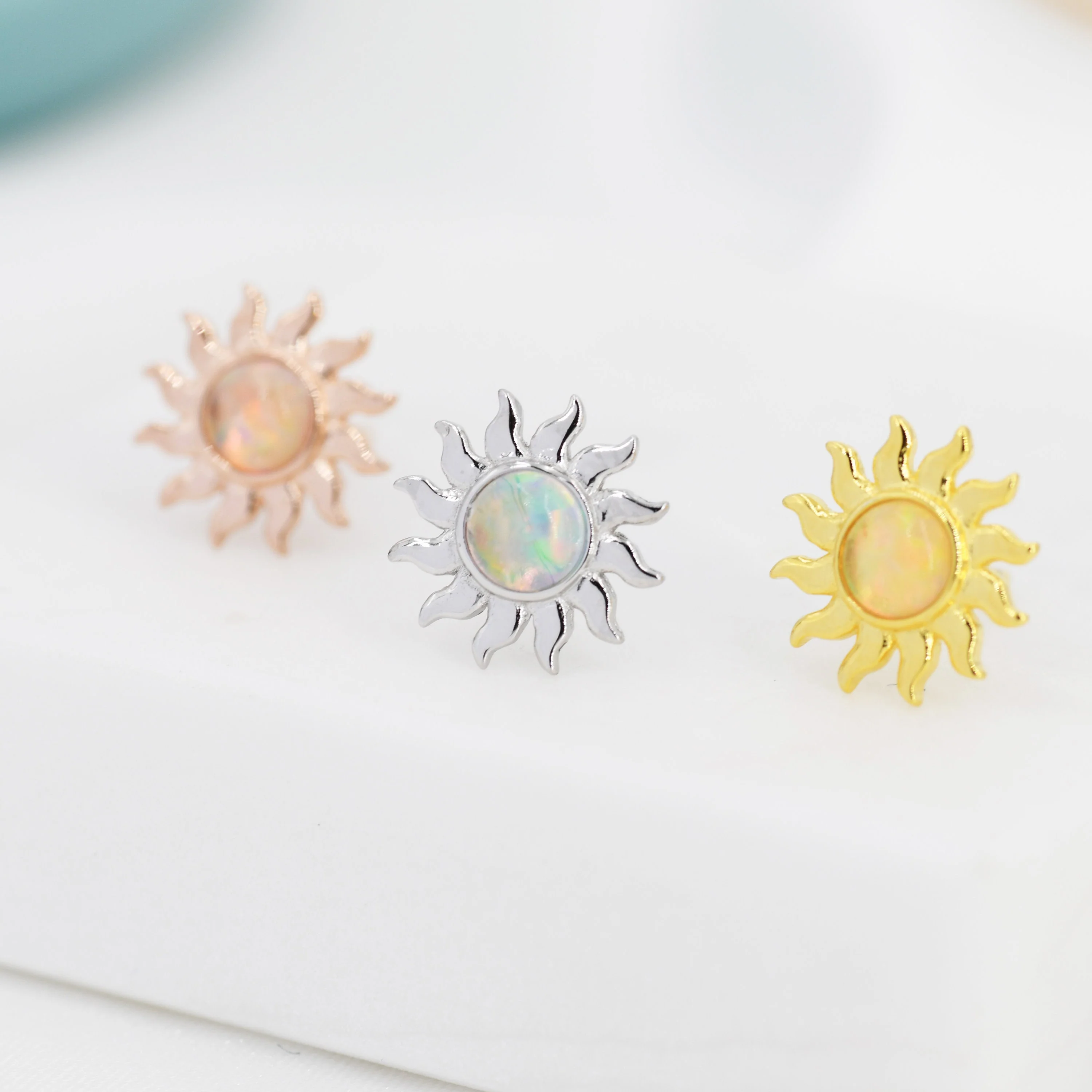 Sun Opal Stud Earrings in Sterling Silver, Silver, Gold or Rose Gold, Sun Earrings - Image 4