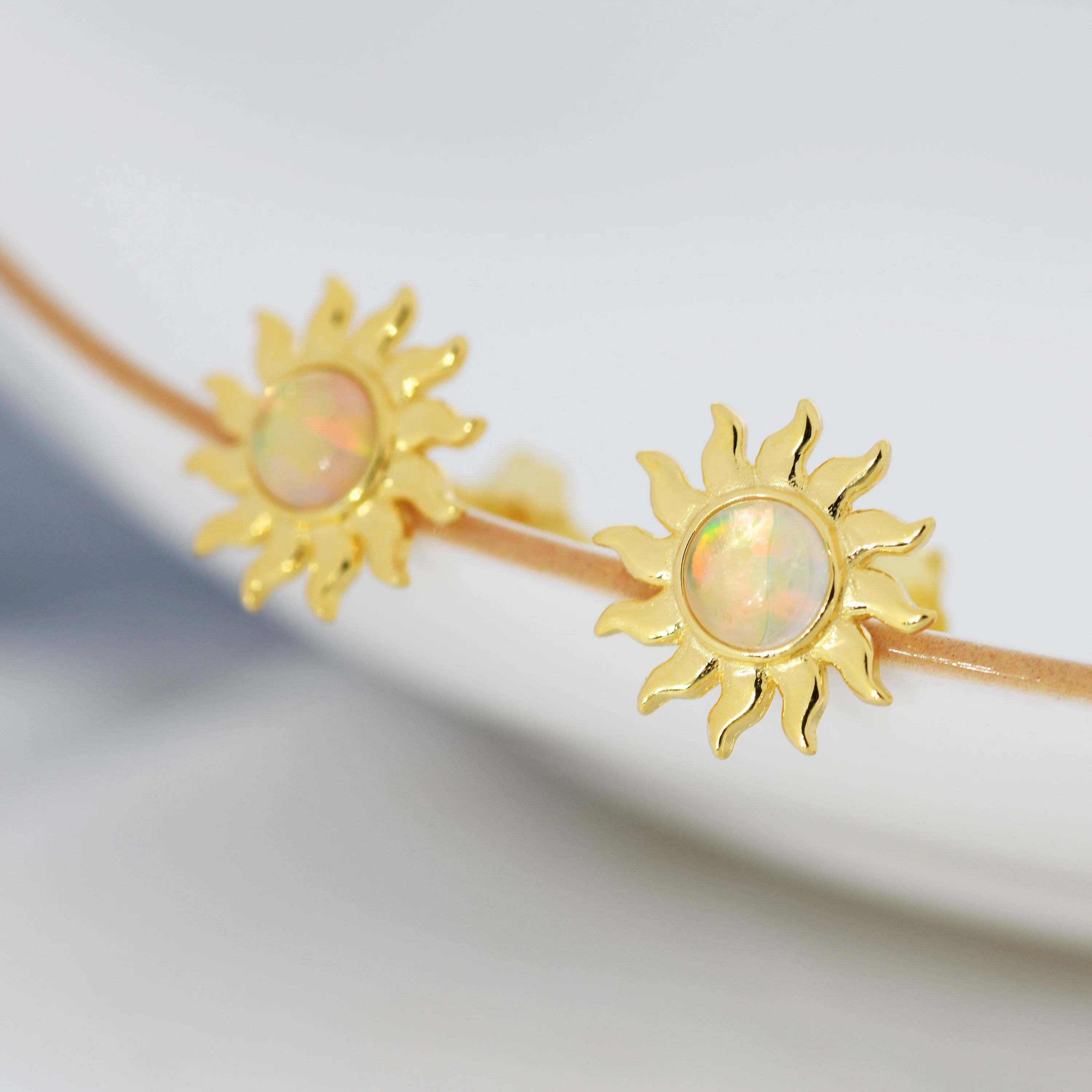 Sun Opal Stud Earrings in Sterling Silver, Silver, Gold or Rose Gold, Sun Earrings - Image 5