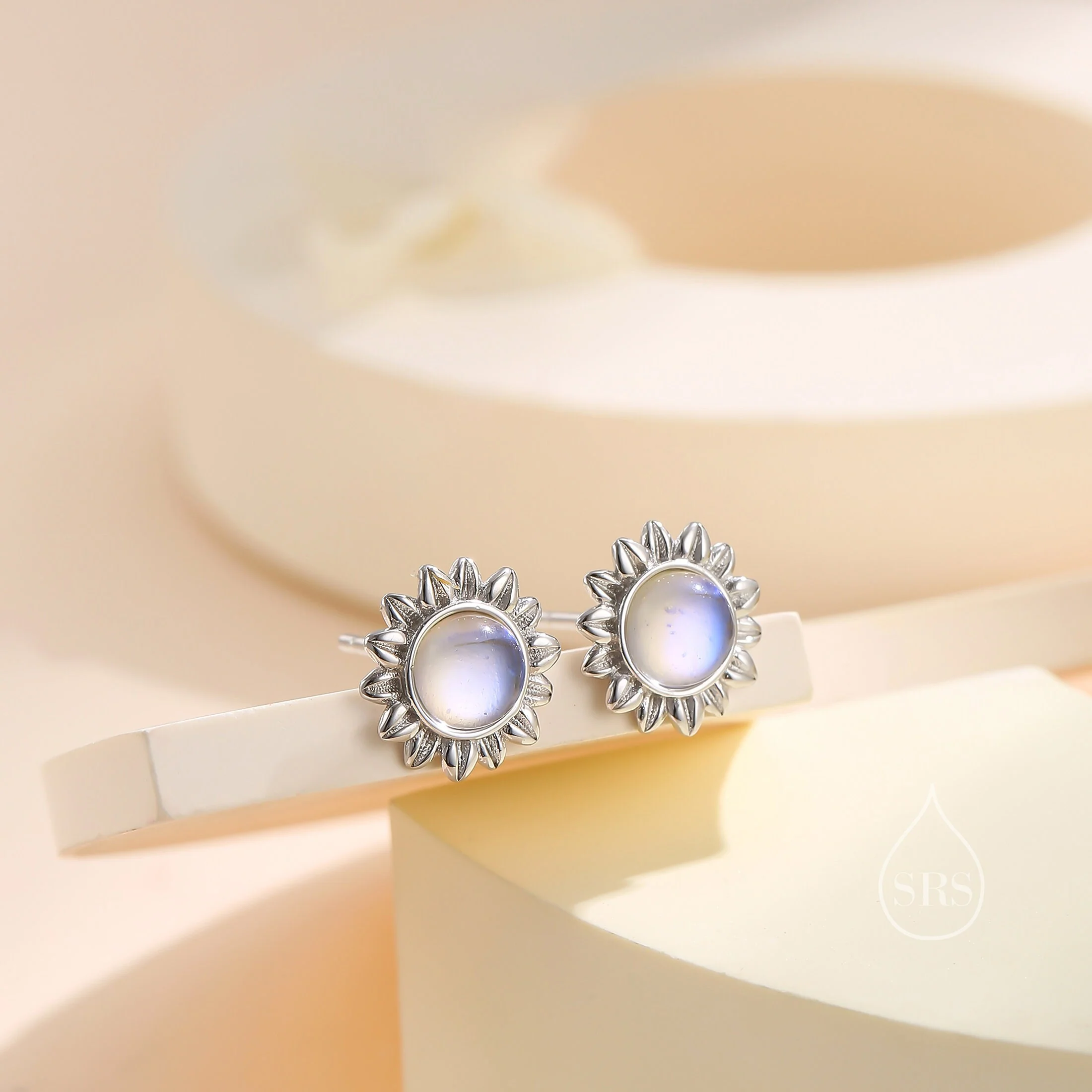 Sunflower Moonstone Stud Earrings in Sterling Silver, Silver or Gold, Delicate Sunflower Earrings, Moonstone Earrings - Image 4