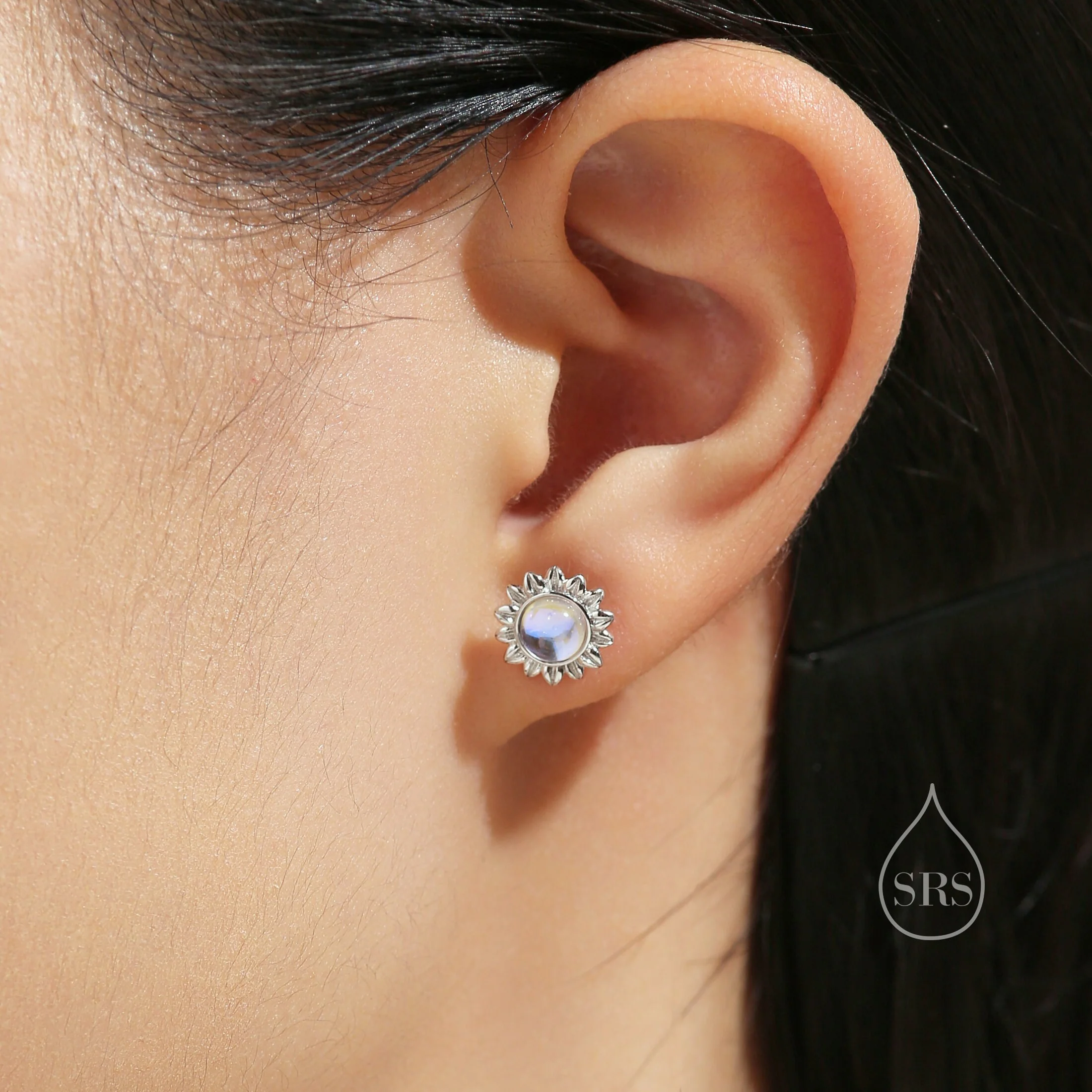 Sunflower Moonstone Stud Earrings in Sterling Silver, Silver or Gold, Delicate Sunflower Earrings, Moonstone Earrings - Image 5
