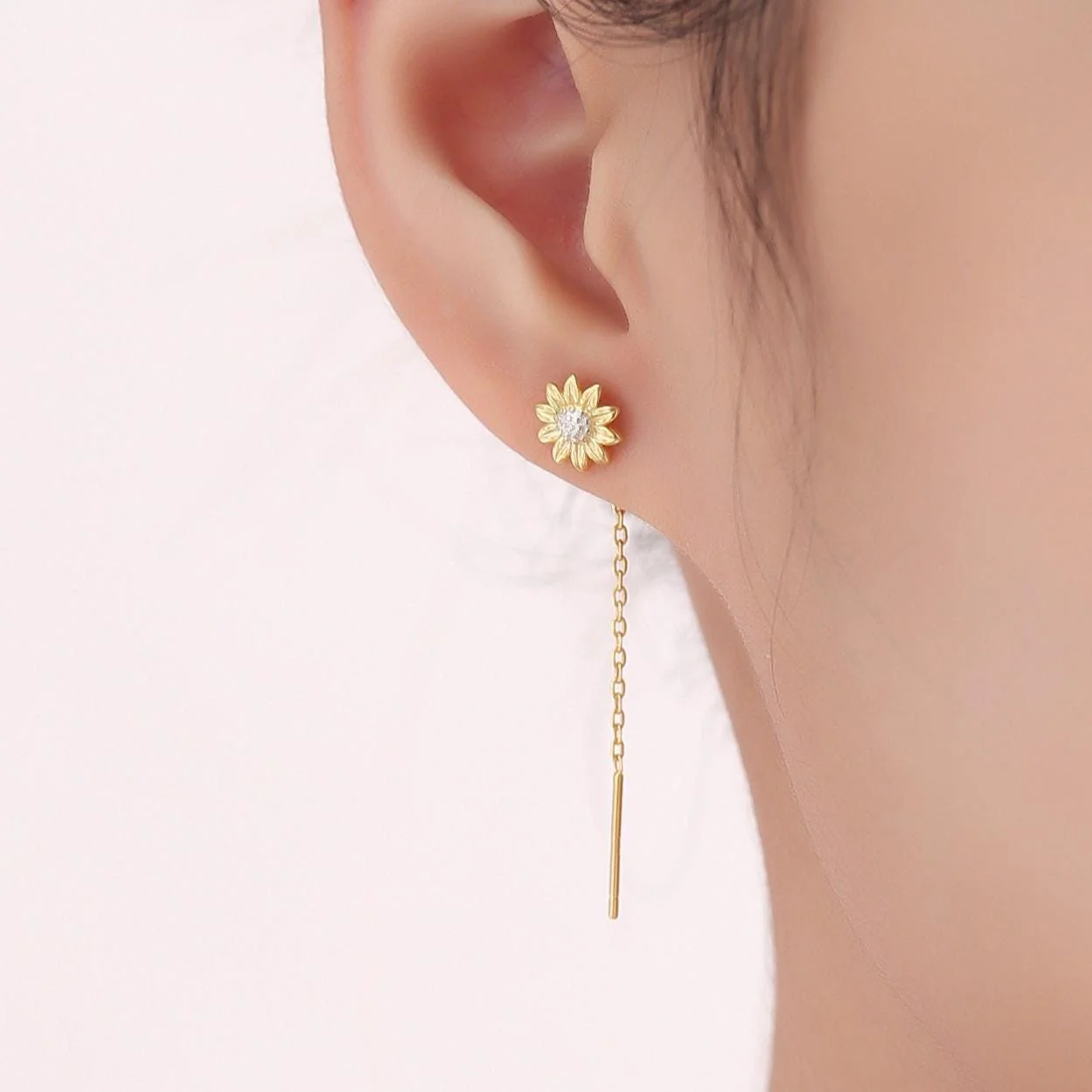 Sunflower Threader Earrings in Sterling Silver, Sunflower with Dangle Chain Earrings, Flower Chain Earrings - Image 7