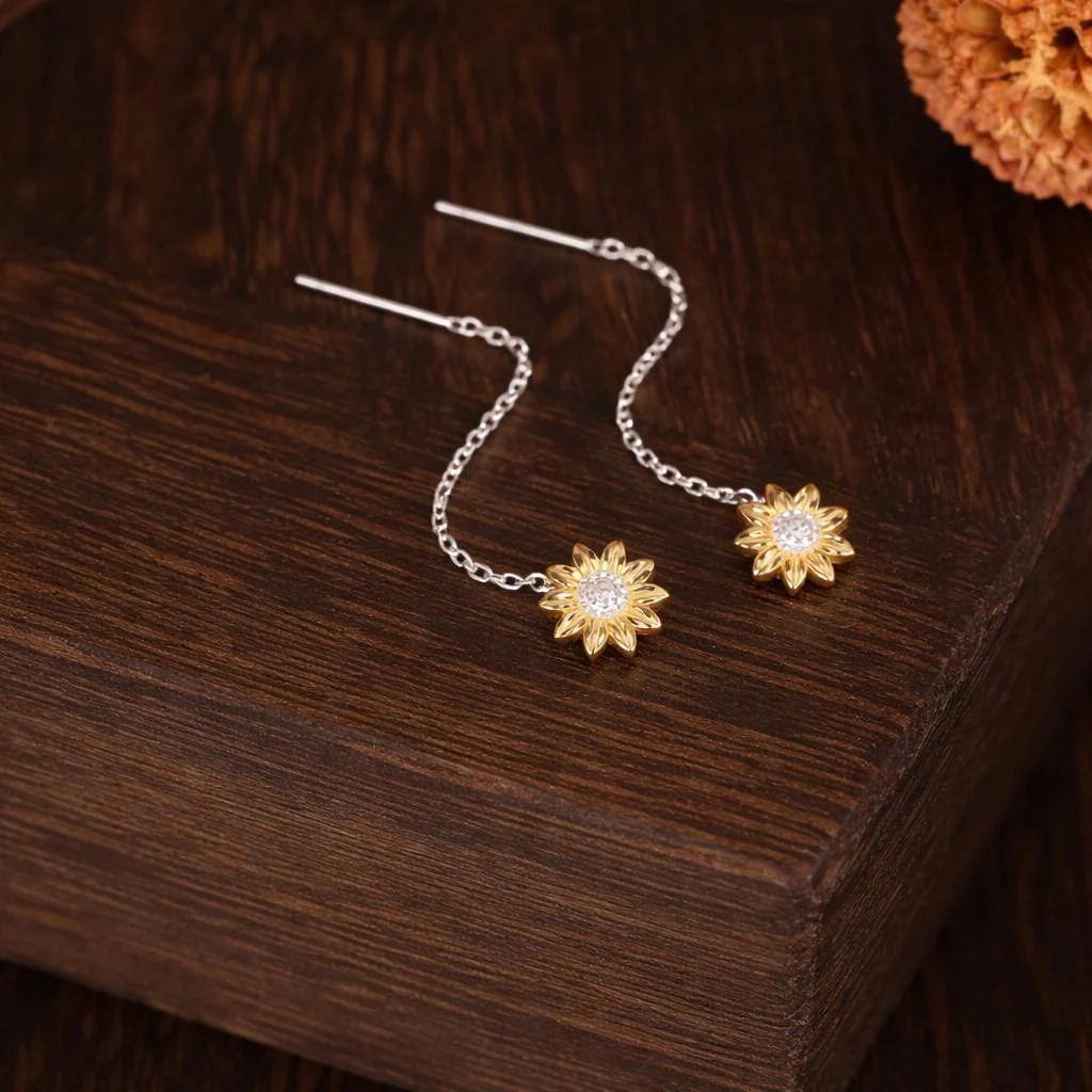 Sunflower Threader Earrings in Sterling Silver, Sunflower with Dangle Chain Earrings, SunFlower Pull Through Chain Earrings - Image 2