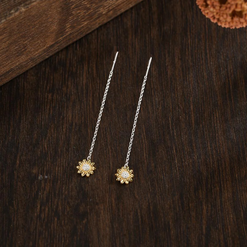 Sunflower Threader Earrings in Sterling Silver, Sunflower with Dangle Chain Earrings, SunFlower Pull Through Chain Earrings - Image 3